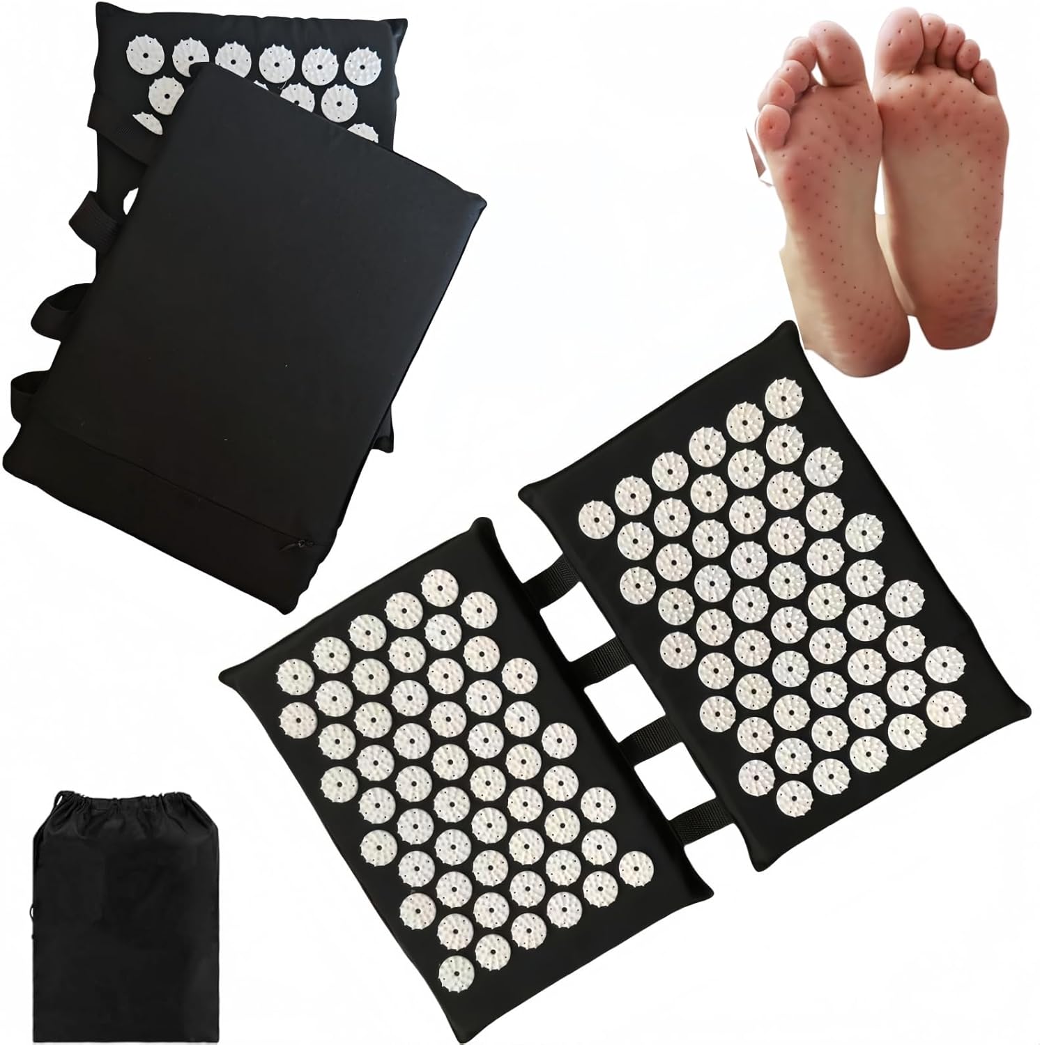 2 x 33 cm große Akupressurmatte für Füße und Rücken – medizinisches Nagelbrett mit 110 ABS-Spitzen, waschbare Faszienmatte mit Aufbewahrungstasche