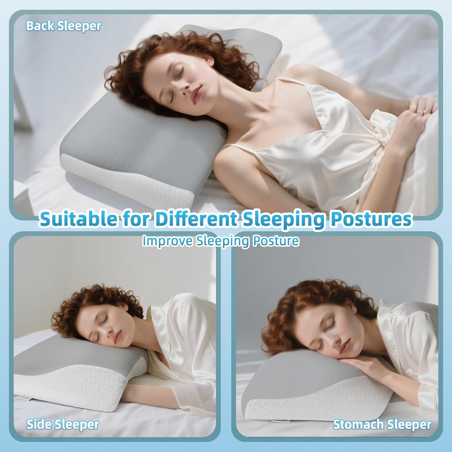 Memory-Schaum-Kissen, ergonomisches Nackenstützkissen für Seitenschläfer und Rückenschläfer, orthopädisches Design für optimale Wirbelsäulenausrichtung mit Bambusbezug (grau) – Bild 4