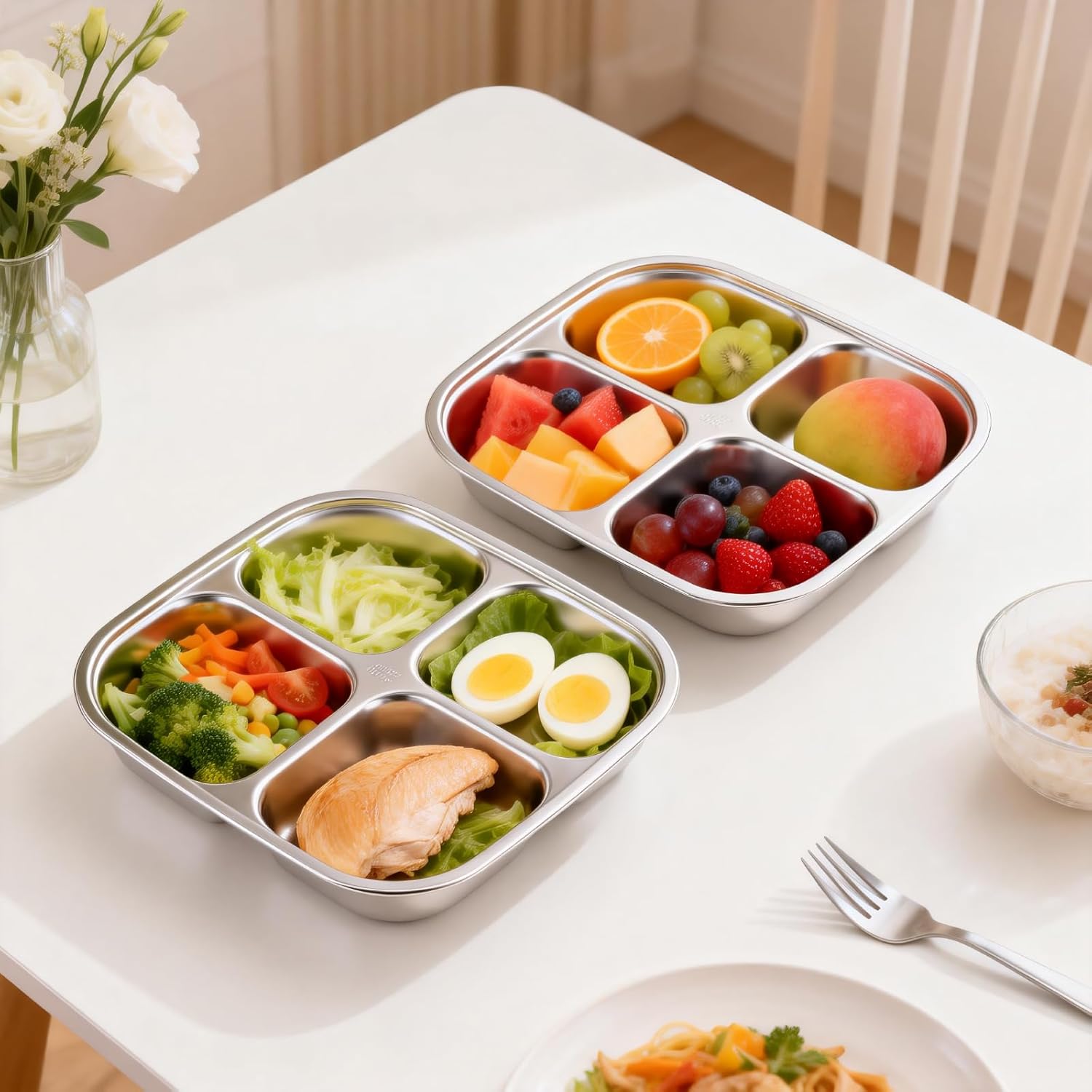 2 Stück Snackboxen mit Fächern aus Edelstahl, wiederverwendbare Snackbox für Kinder und Erwachsene, Meal-Prep-Behälter, Kinder, auslaufsichere Metall-Bento-Box mit Deckel für Schule, Arbeit & Camping (600 ml) – Bild 2