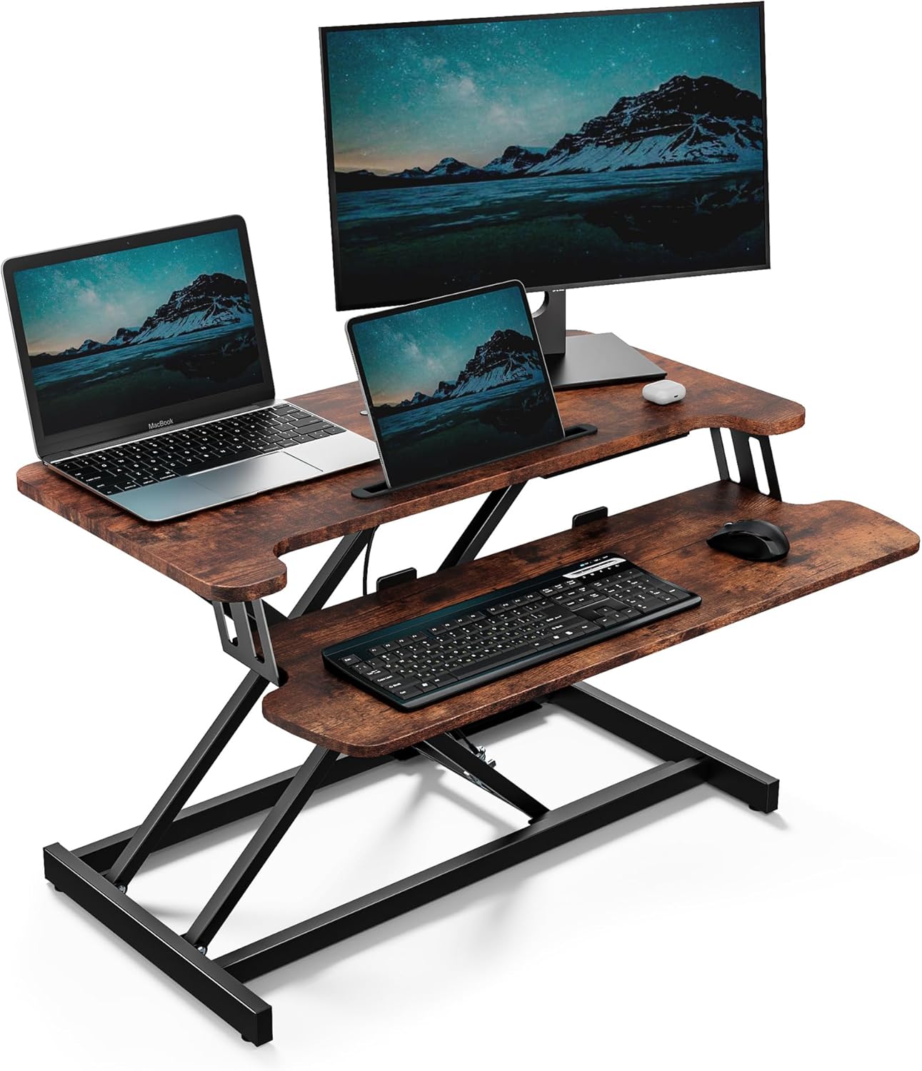 VonHaus höhenverstellbarer Schreibtischaufsatz, dunkles Holz, 80 x 40 cm, Stehsitz-Arbeitsplatz für zwei Monitore und Tablet-Fach, Stehpult-Konverter mit zwei Ebenen, Schreibtischerhöhung mit Tastaturablage