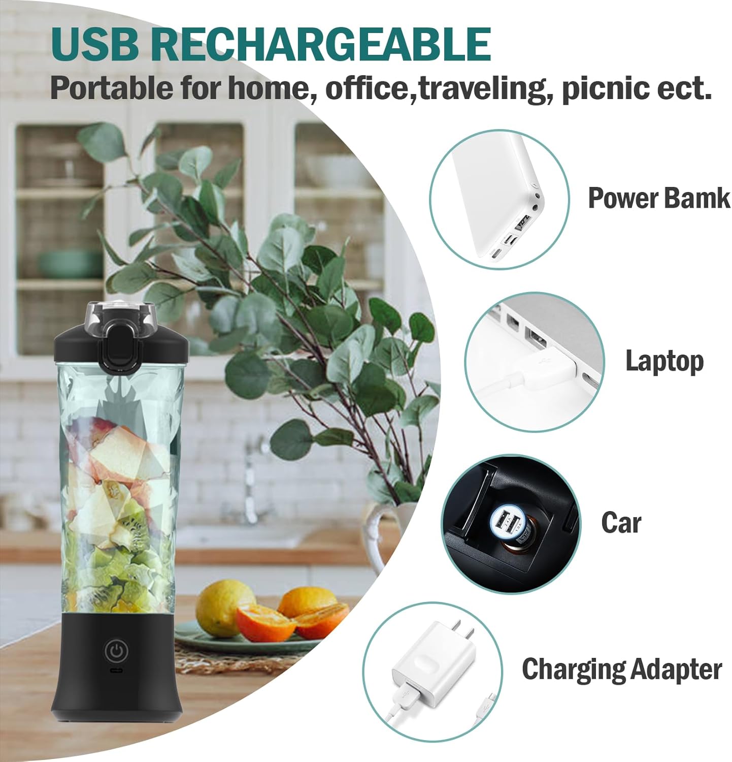 Idota Tragbarer Mixer 600 ml, Mini-Mixer Smoothie Maker mit 6 Klingen, USB wiederaufladbarer tragbarer Mixer für Fitnessstudio, Büro, Camping und Reisen, Schwarz – Bild 6