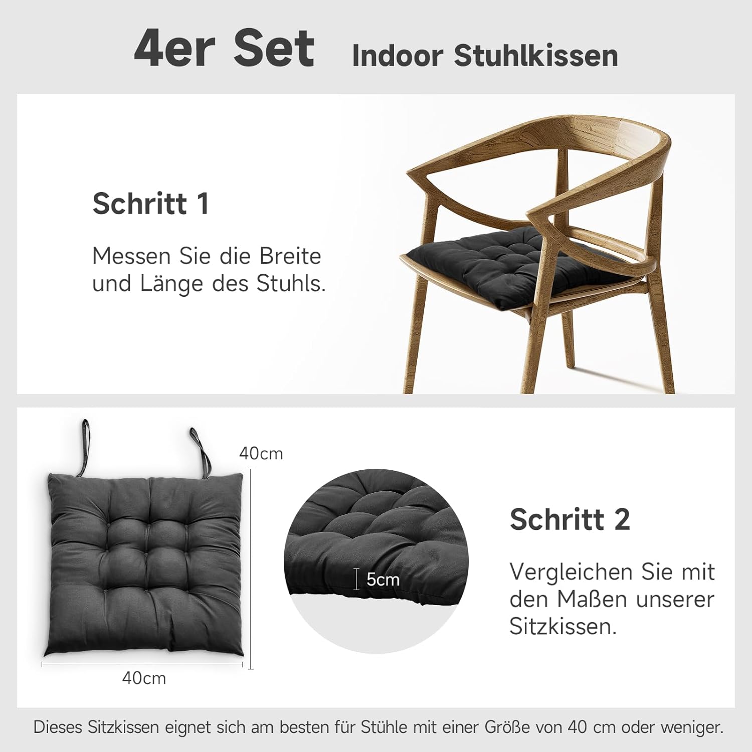 4er-Set Stuhlkissen mit Bändern, bequemes Sitzkissen, 40 x 40 cm, Stuhlkissen für Bürostuhl, Gartenstuhl, Balkonstuhl, Sitzpolsterung drinnen und draußen für Esszimmer, Wohnzimmer, Arbeitszimmer, schwarz – Bild 2
