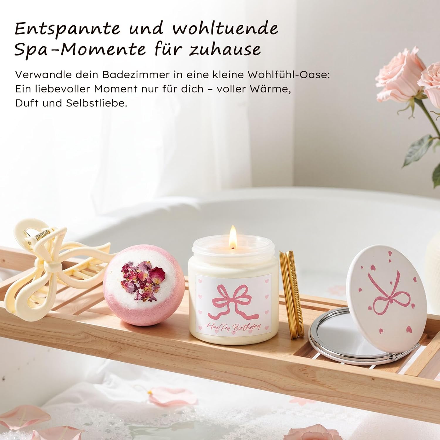 Luxuriöses Geburtstagsgeschenk für Frauen – Geschenkbox mit rosa Schleifen als elegantes Wellness-Geschenkset mit Duftkerze, Badebombe, Glasbecher und ausgewählten Beauty-Accessoires – Bild 4