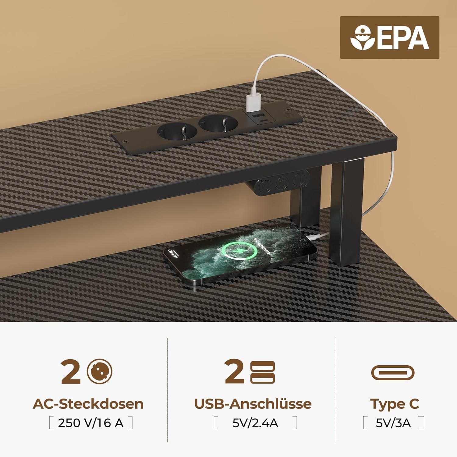 Rolanstar Schreibtisch mit Schubladen, Computertisch mit Steckdosen & LED, Gaming-Tisch mit Monitorständer, Ablage & 2 Haken, Gaming-Schreibtisch für Büro, Wohnzimmer (Schwarz, 100 x 47 x 90,5 cm) – Bild 3