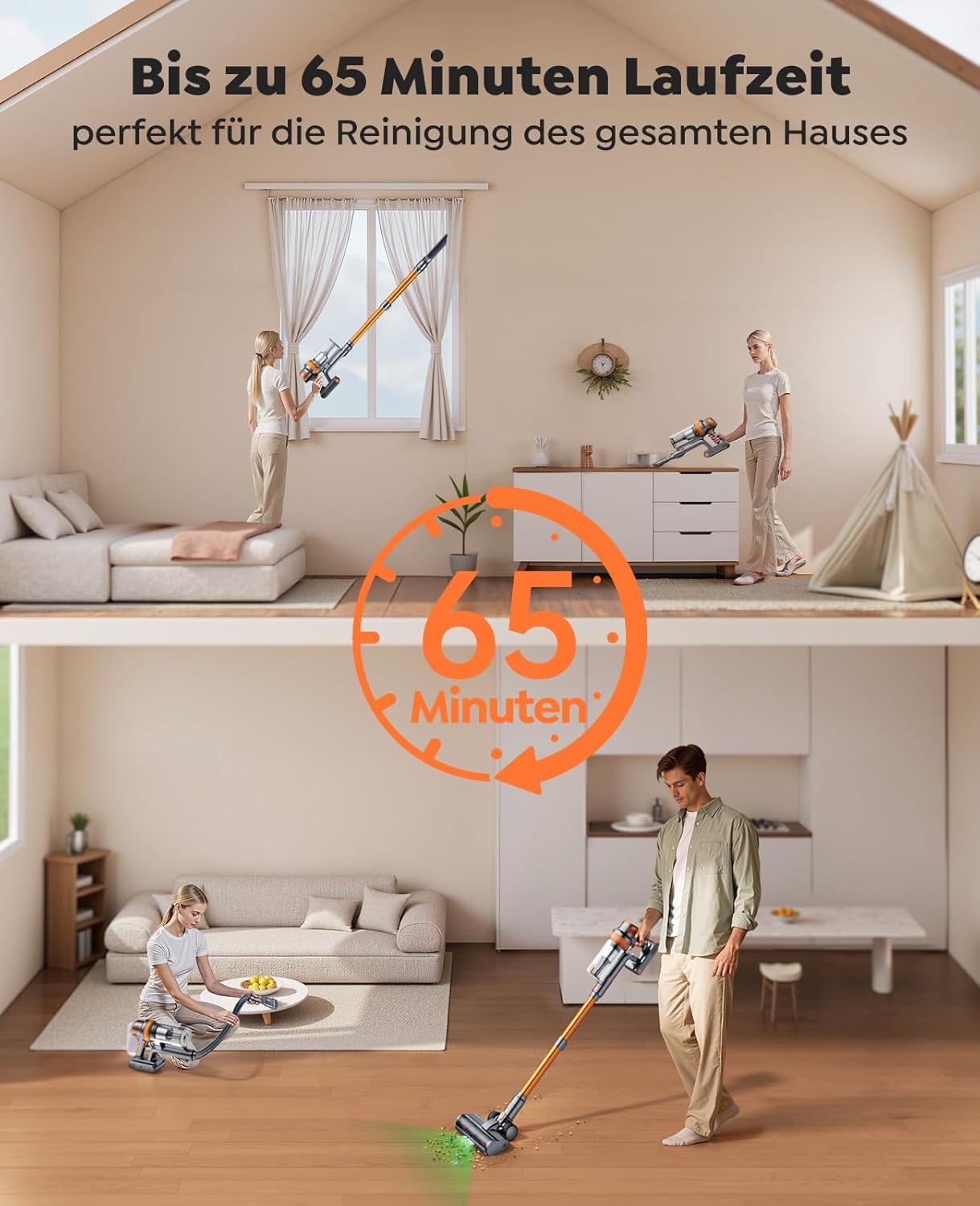 SMOTURE 50.000 Pa 65 Min Akku-Staubsauger, 600 W Staubsauger mit Flexschlauch, Anti-Tangle-Bürste, Wandladestation – Bild 3