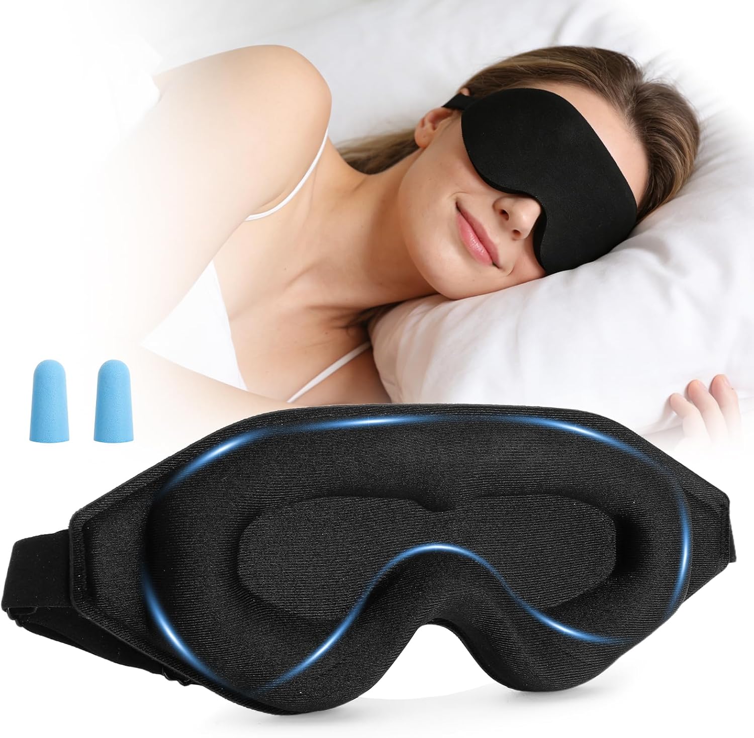 Schlafmaske für Seitenschläfer, 3D-Augenhöhlen-Schlafmaske mit 2 Paar Ohrstöpseln, Augenmaske, Schlafmaske mit verstellbarem Gummiband, Augenbinde, lichtblockierend und atmungsaktiv