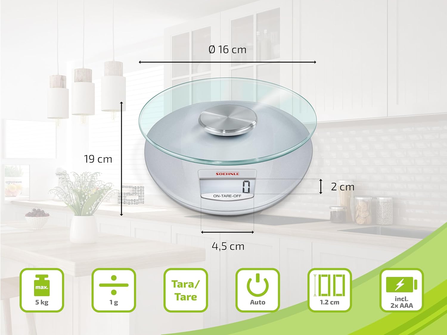 Soehnle Roma Küchenwaage mit 5 kg Tragkraft und 1 g Wiegegenauigkeit, digitale Küchenwaage mit praktischer Wiegefunktion (Tara), Waage für die Küche mit LCD-Display und Abschaltautomatik, Silber – Bild 3