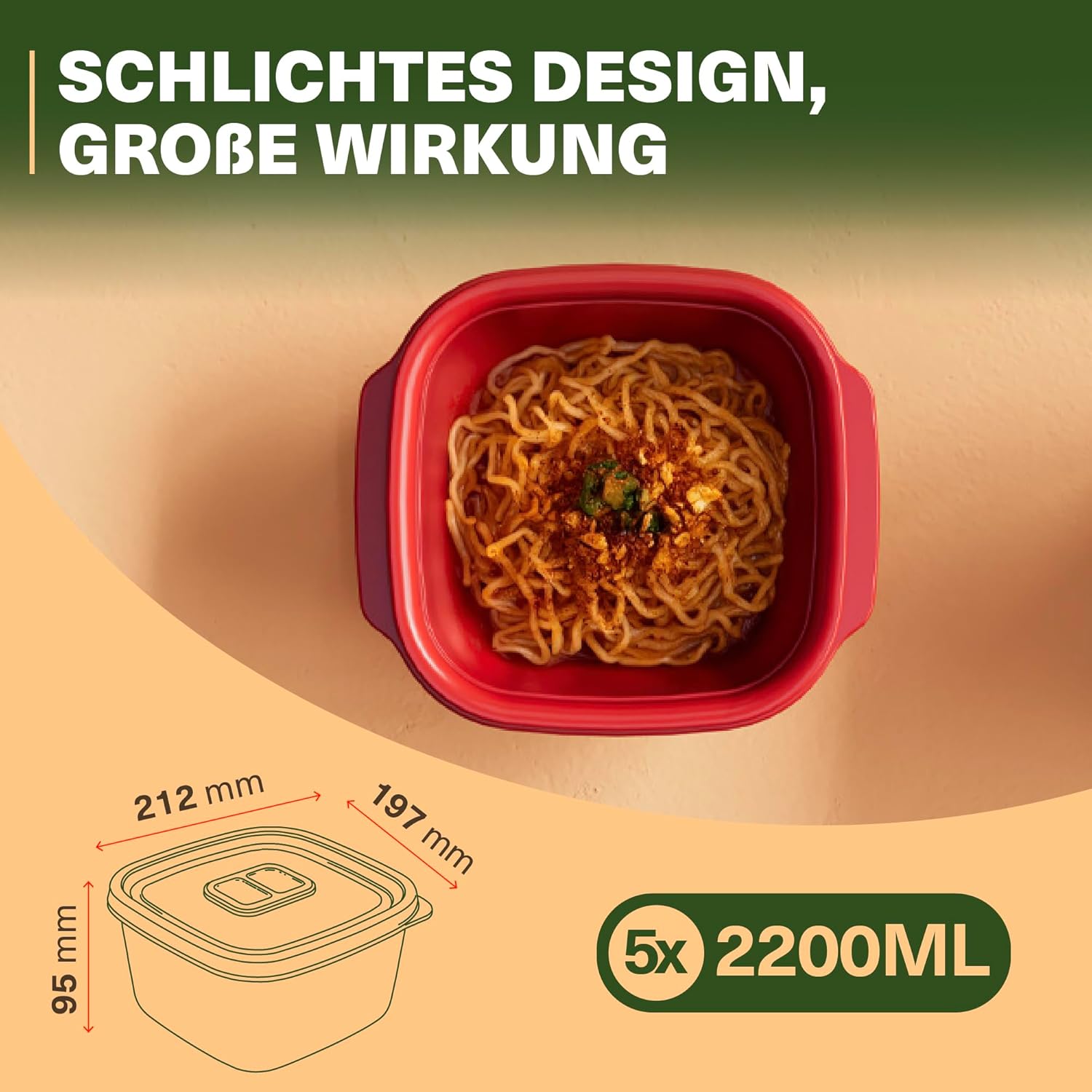 Viwares Heat'n Go Mikrowellenboxen, 5er-Set, 2,2 l, quadratische Essenszubereitungsbehälter mit Deckel und Dampfventil, stapelbar, spülmaschinenfest, für Mittagessen im Büro und auf Reisen, rot – Bild 2