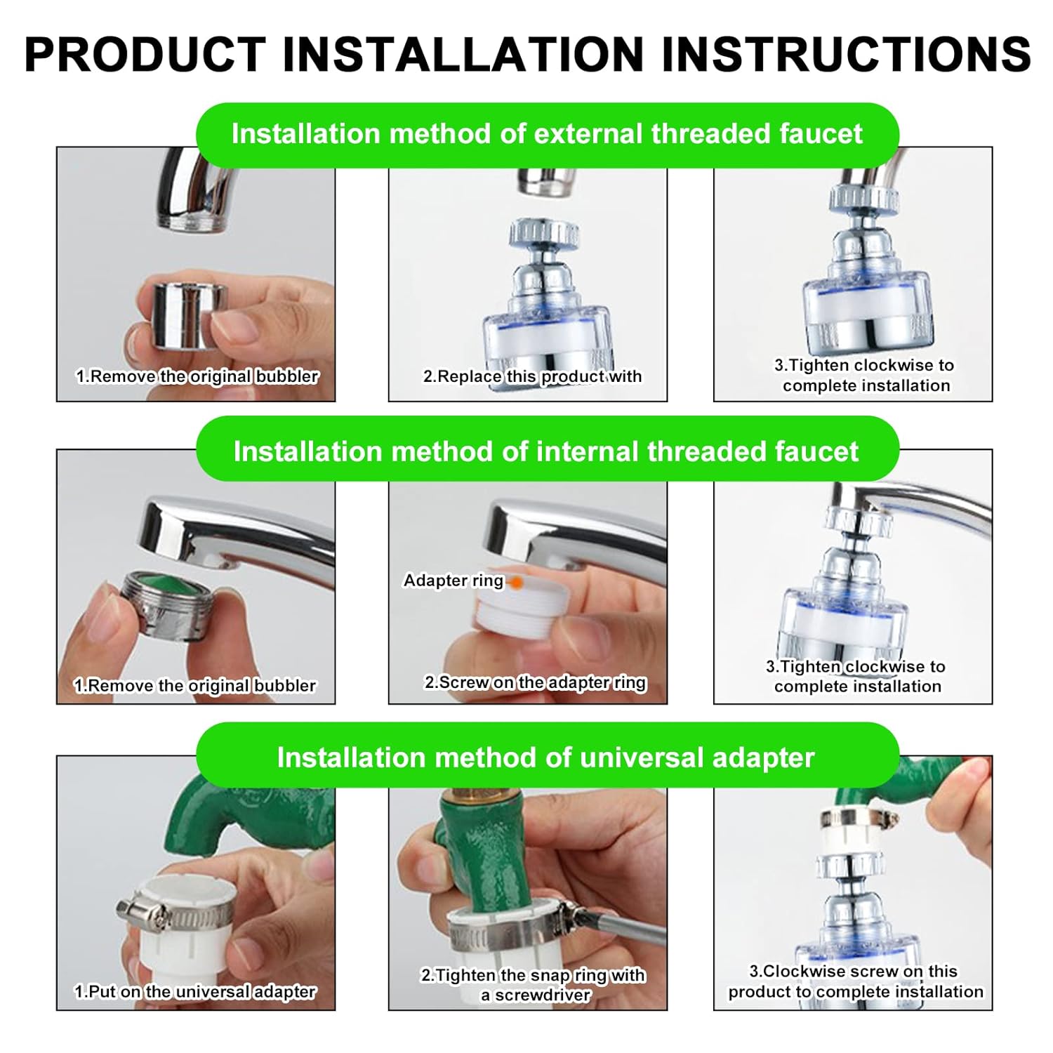 Wasserfilter-Wasserhahn, drehbarer Wasserhahnfilter mit 6 Stück PP-Baumwoll-Filterelement und Universal-Adapter für Waschbecken, Küche, Badezimmer – Bild 6