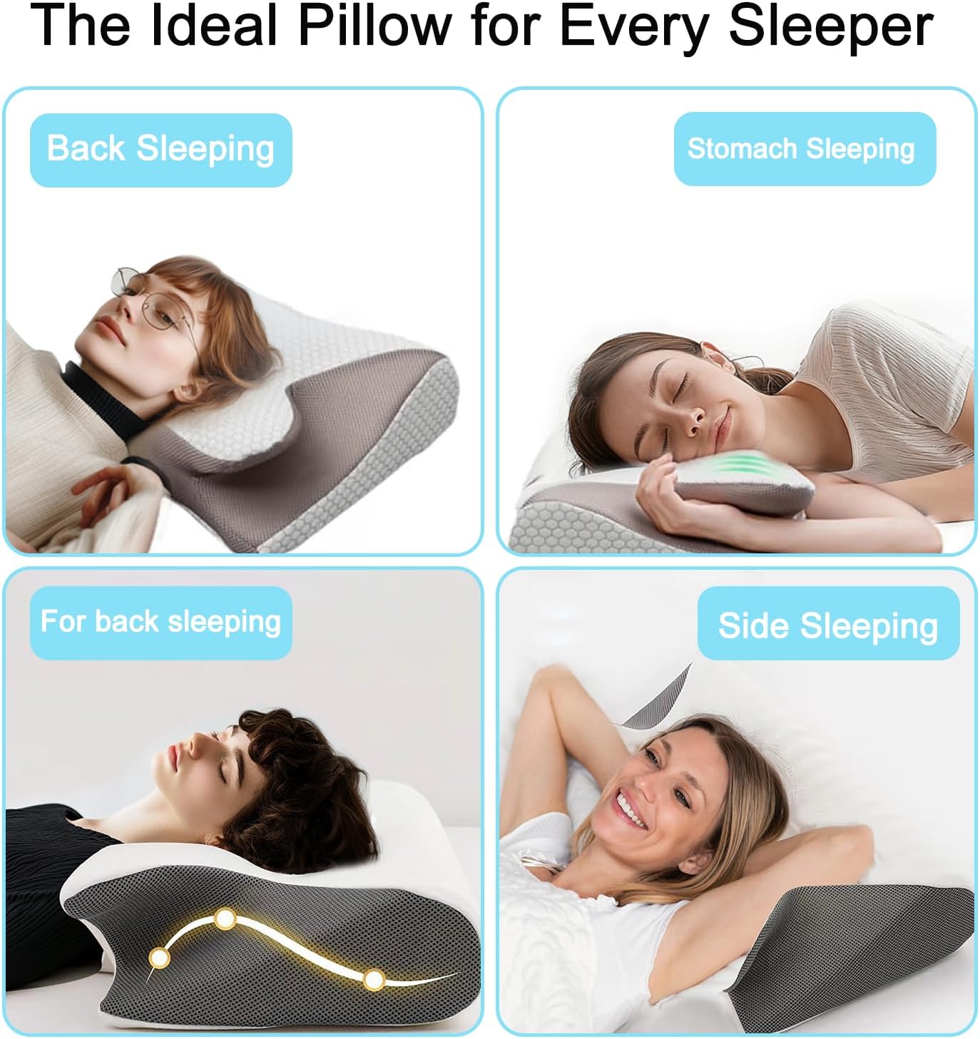 Nackenstützkissen, 2-in-1 ergonomisches orthopädisches Kissen, Memory-Schaum-Kissen, Nackenschmerzen, ergonomisches Kissen für Seiten-, Rücken- und Bauchschläfer (grau) – Bild 8
