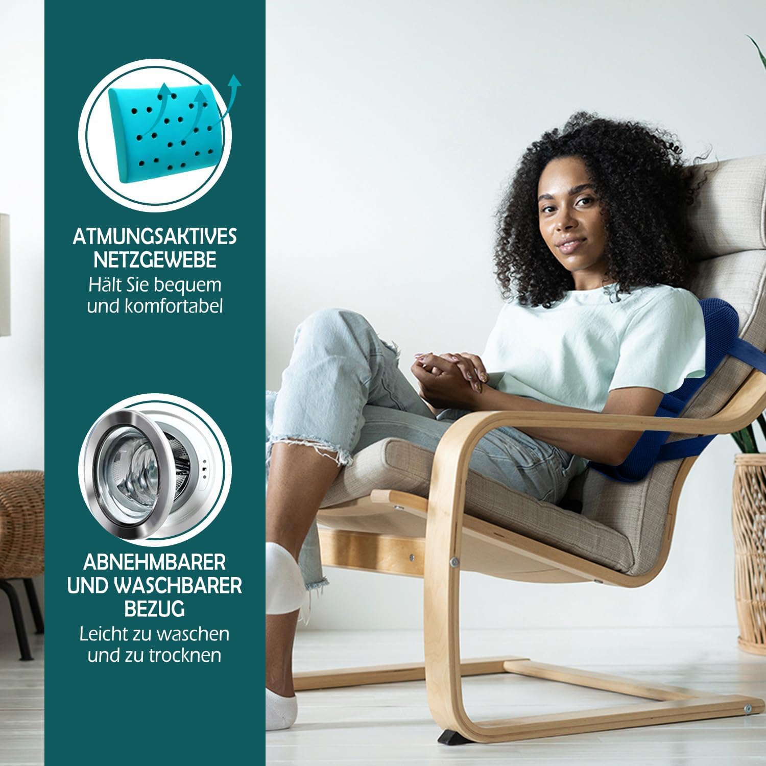 Blaues ergonomisches Rückenkissen lindert und beugt Rückenschmerzen vor – Memory-Schaum-Lendenkissen für Büro, Rollstuhl, Zuhause (Marineblau) – Bild 4