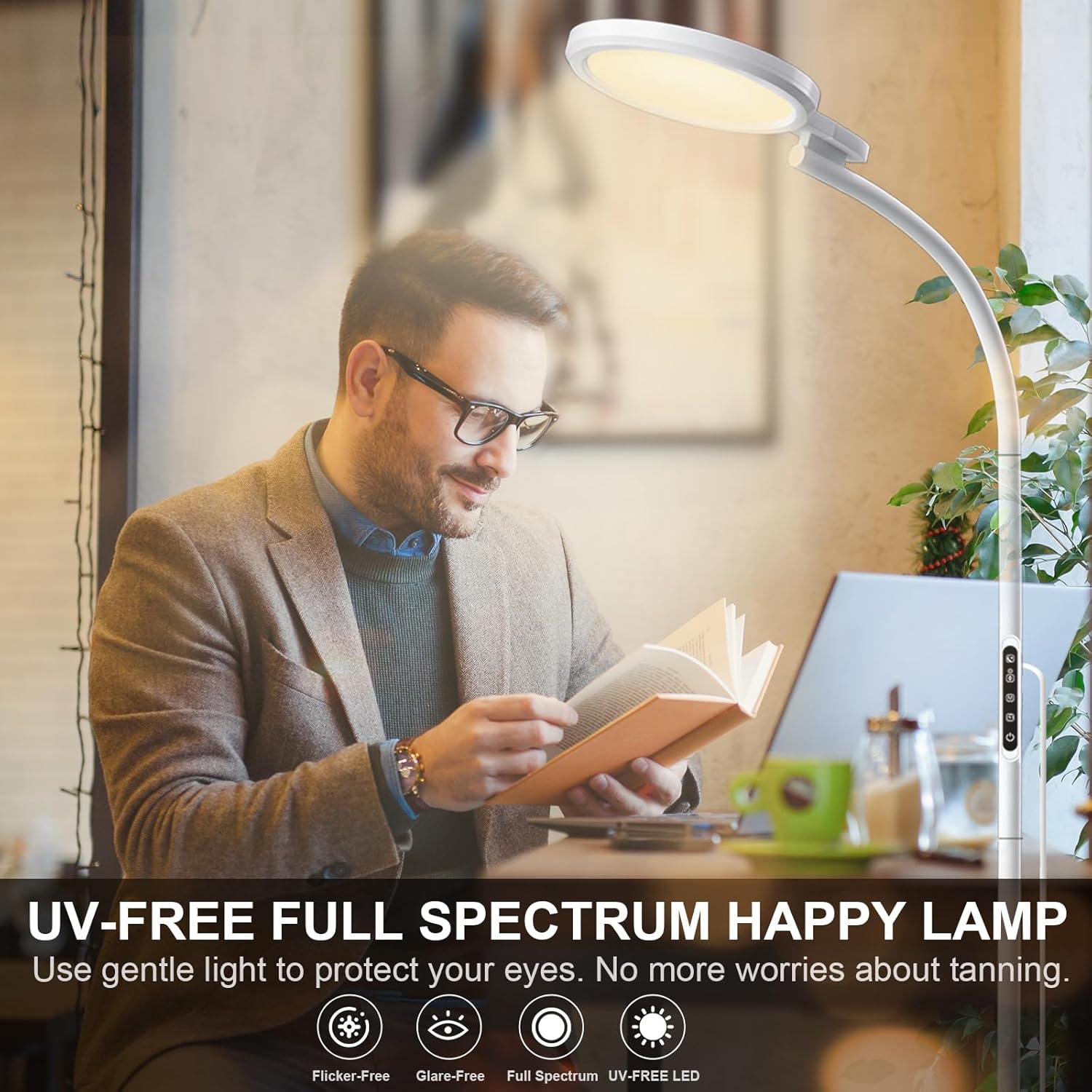 Tageslichtlampe Stehleuchte 10.000 Lux, UV-freie Sonnenlichtlampe mit Touchpanel & Fernbedienung, 5 Farbtemperaturen, 5 Helligkeitsstufen, höhenverstellbar mit flexiblem Schwanenhals – Bild 3