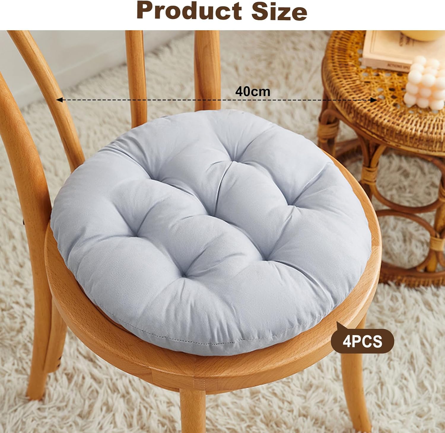 4er-Set Stuhlkissen rund 40 cm, bequemes Sitzkissen, gefülltes Sitzkissen, rundes Bodenkissen, Stuhlkissen für drinnen, draußen, Küche, Garten, Esszimmer, Wohnzimmer, Arbeitszimmer (Hellgrau) – Bild 2