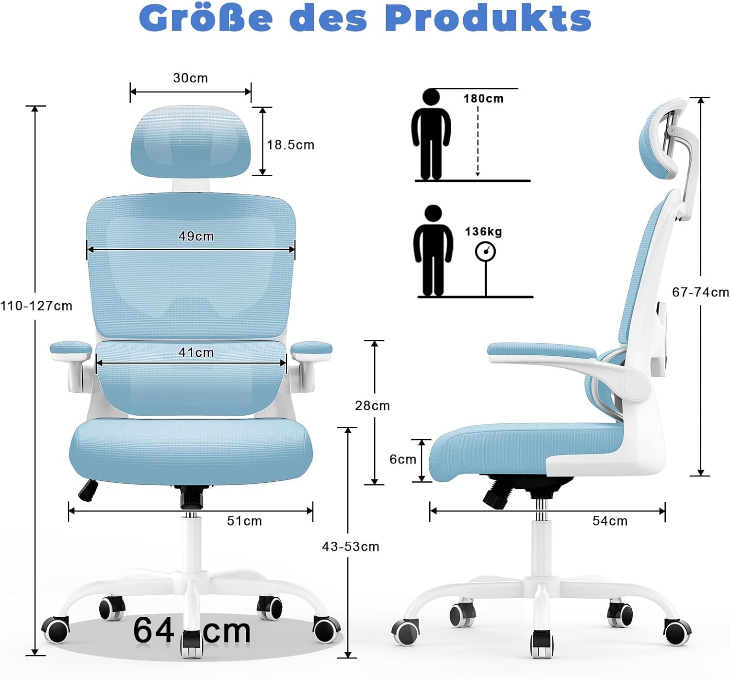 naspaluro Bürostuhl, Ergonomischer Schreibtischstuhl mit verstellbarer Kopfstütze, Armlehnen, dynamischer Lordosenstütze, Drehstuhl mit atmungsaktivem Netzbezug für das Home Office, Blau – Bild 3