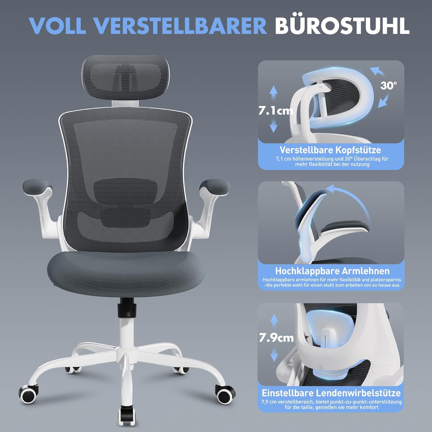 COLAMY Bürostuhl, Netz-Computerstuhl mit verstellbarer Kopfstütze und Lordosenstütze, ergonomischer Arbeitsstuhl mit hochklappbarer Armlehne, 140°-Wippfunktion, Grau – Bild 4