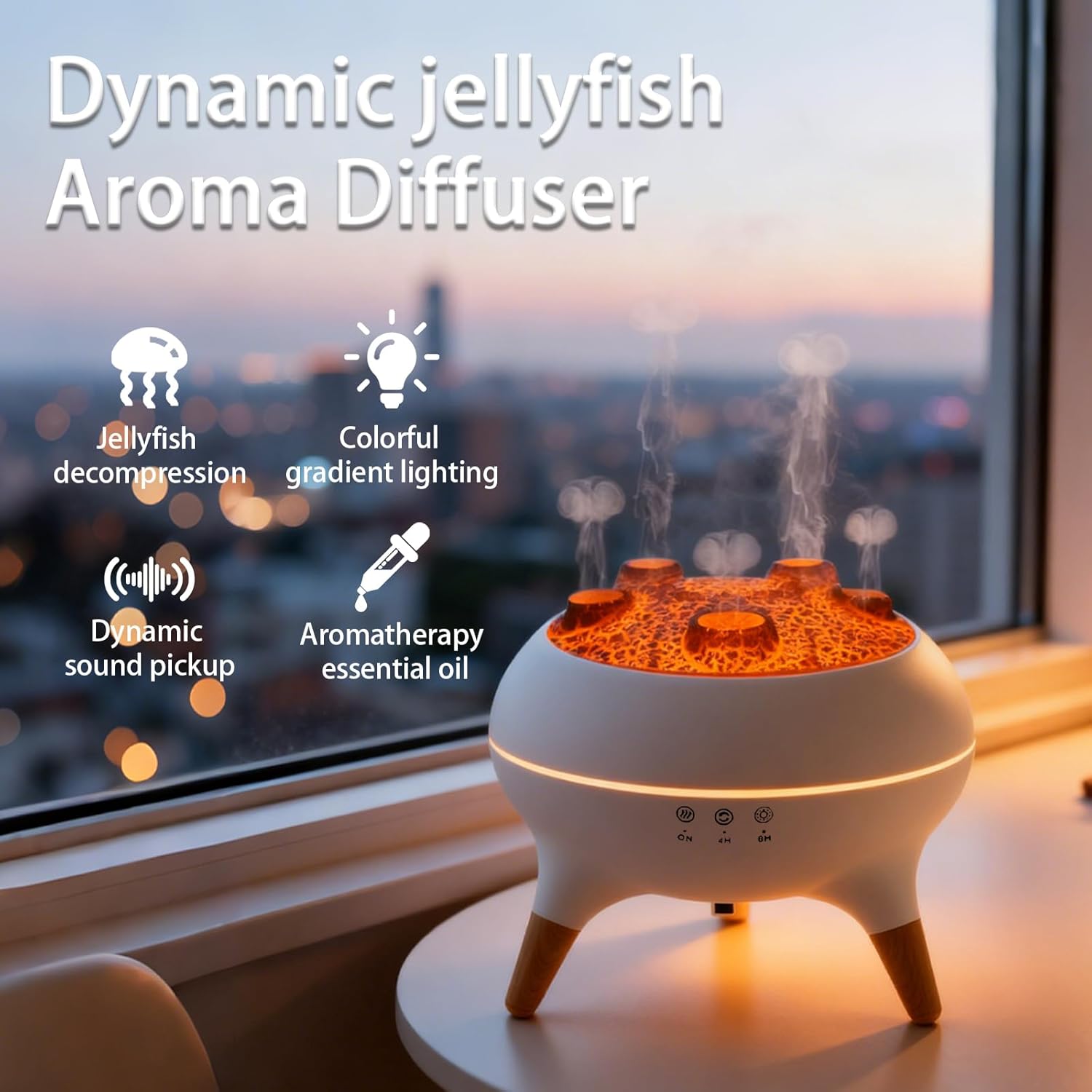 Flammen Aroma-Diffusor 250 ml, Ultraschall-Luftbefeuchter & Duftöl-Diffusor mit 2 Sprühmodi, 7 LED-Farben, Timer-Funktion & Flammeneffekt, leiser Luftverteiler mit Quallennebelring – Bild 2