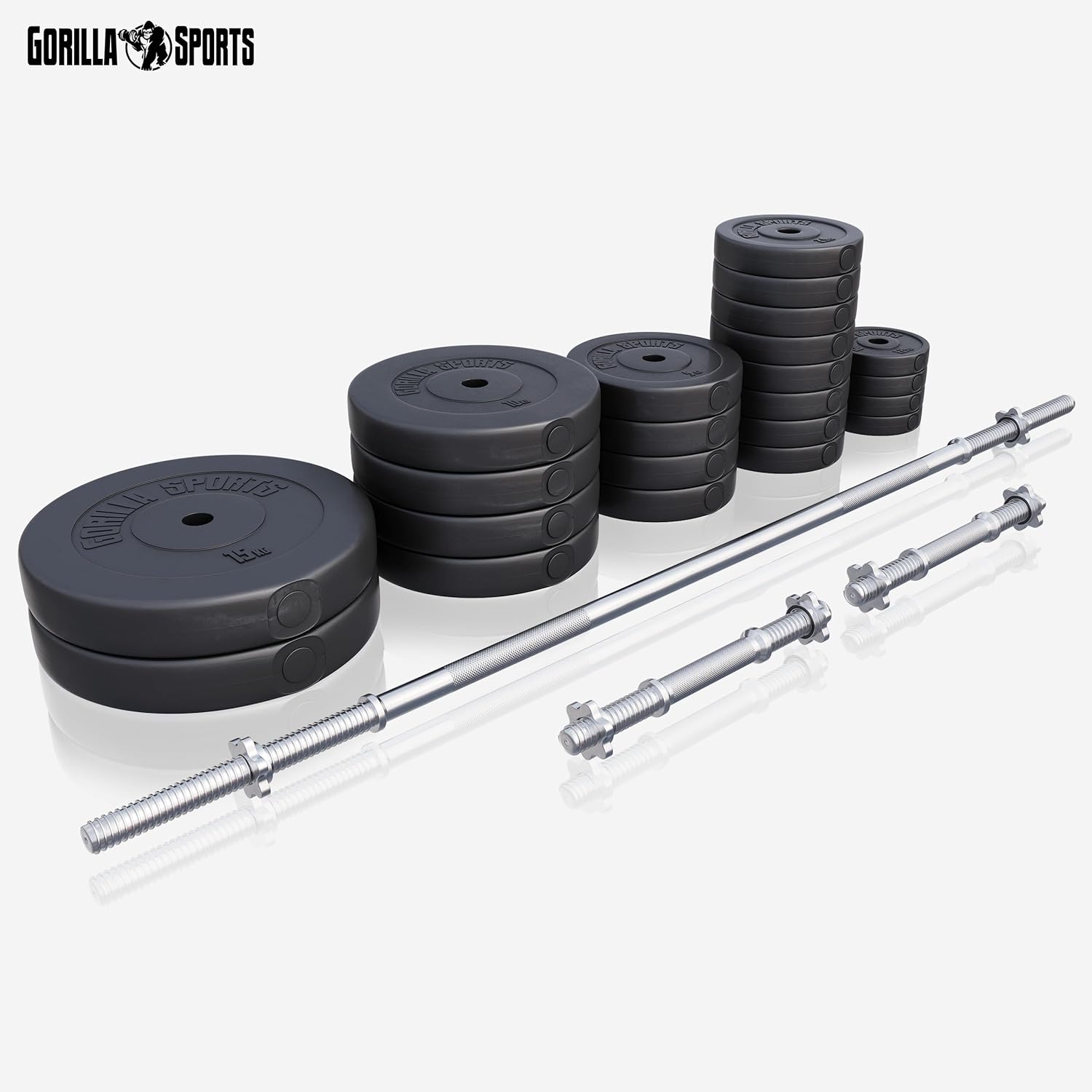 GORILLA SPORTS® Langhantel-Set – 60 kg, 100 kg oder 130 kg, Langhantelstange 170 cm, 2 Hanteln, Hantelscheiben aus Kunststoff, 30 mm, mit Spinlock-Kragen – Hantel-Set, Langhanteln, Gewichte, Fitness