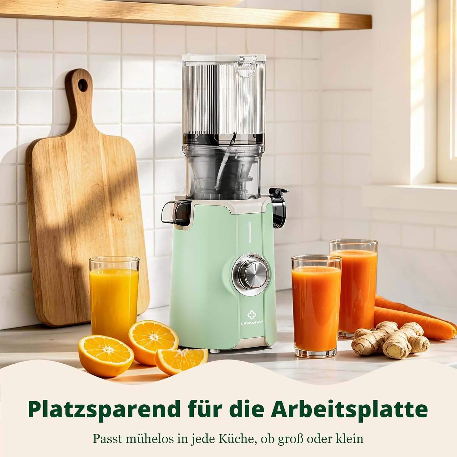 LINKChef Slow Juicer, 115 mm große Einfüllöffnung für Entsafter, Gemüse und Obst, Testsieger, Kaltentsafter 200 W, BPA-frei, leicht zu reinigen und zu montieren, hellgrün – Bild 9