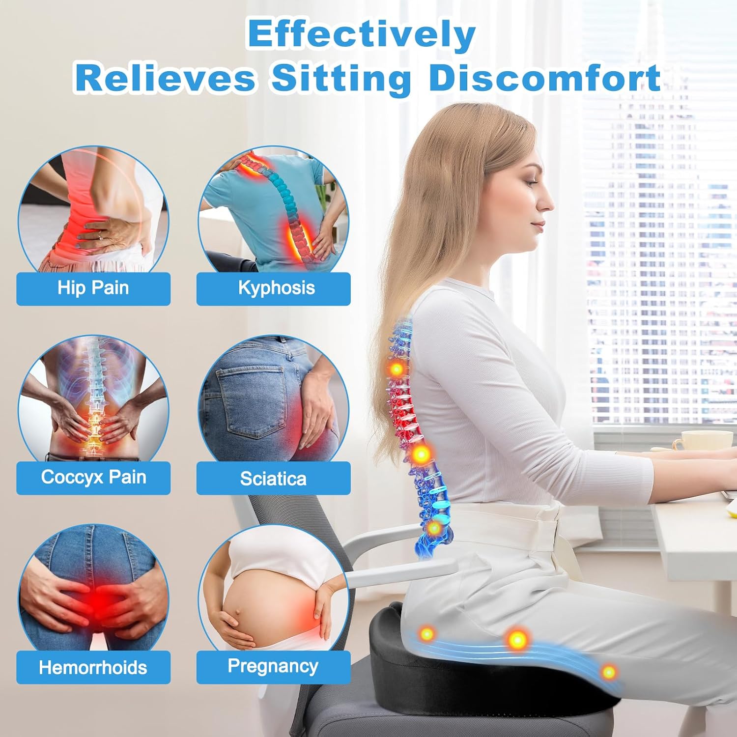 Orthopädisches Sitzkissen, ergonomisches Sitzkissen orthopädisch für Bürostuhl & Auto, Steißbeinkissen-Entlastung, bequemes Sitzkissen, Memory-Schaum-Steißbeinkissen für Sofa, Büro & Rollstuhl – Bild 6