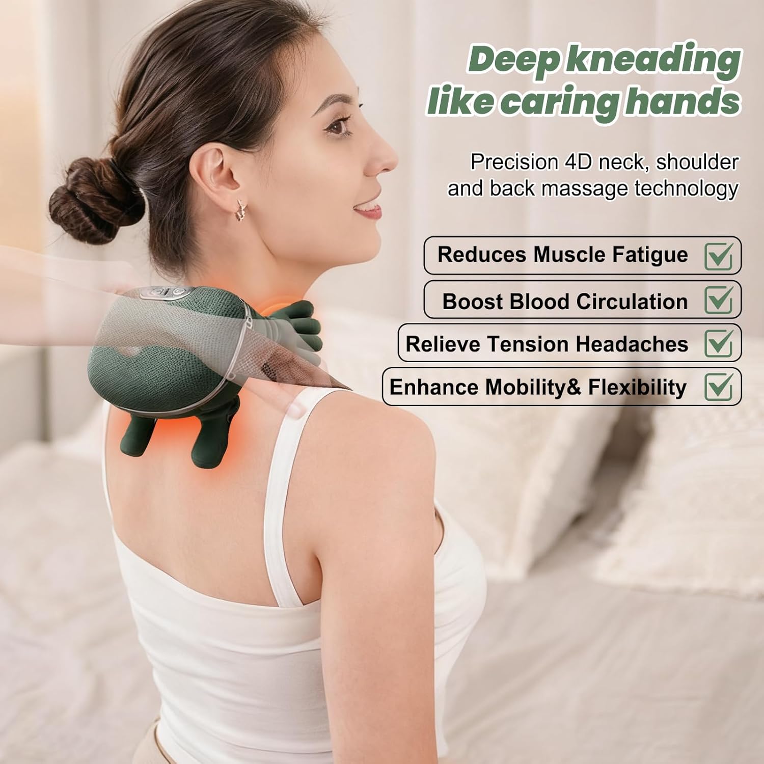 4D-Nackenmassagegerät, Nackenheizung, USB-Schultermassagegerät, 3 Massageeinstellungen und 2 Wärmeeinstellungen, für Zuhause, Büro, Reisen, Muskeln entspannen, Müdigkeit lindern – Bild 5