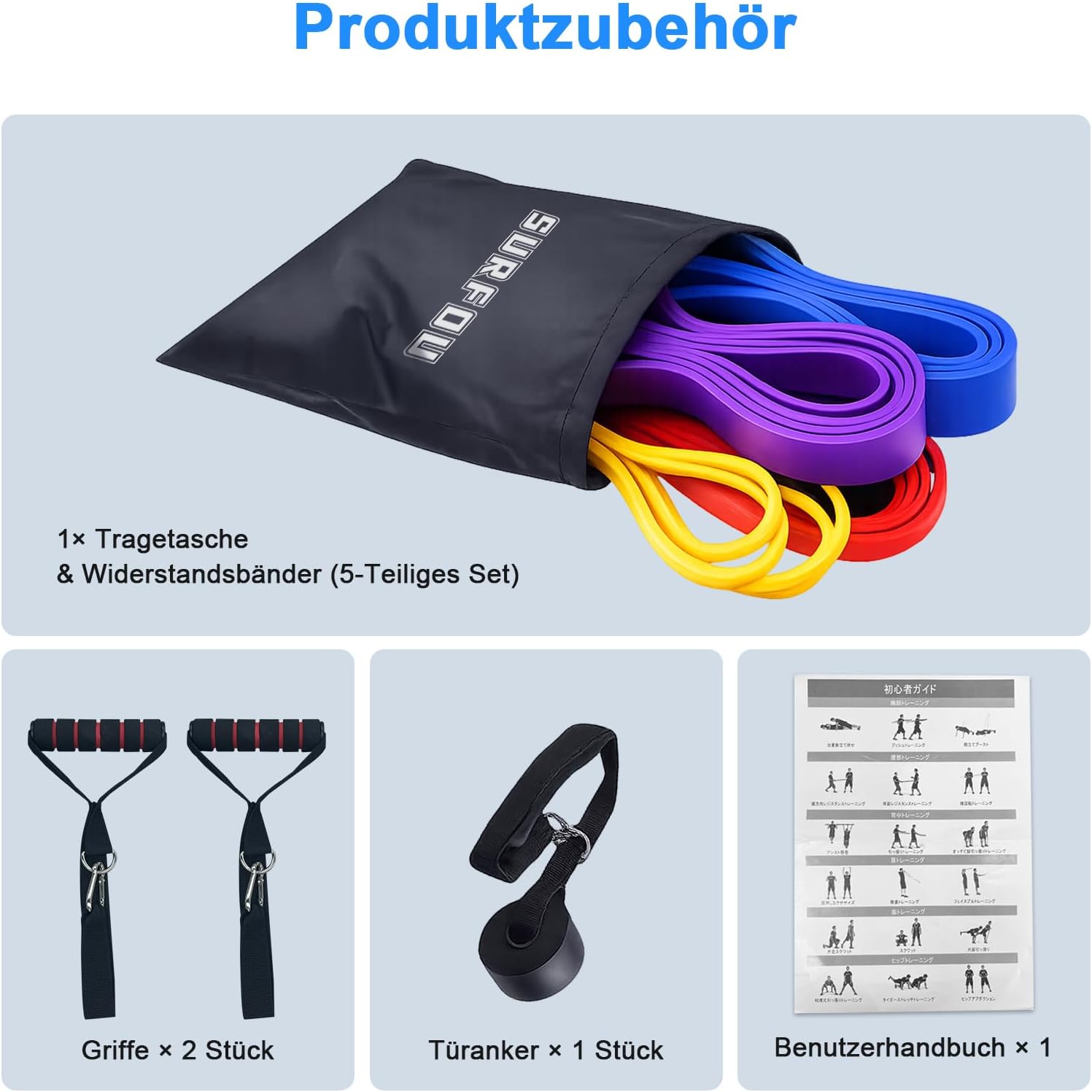 SURFOU Fitnessbänder Set mit 4 Widerstandsstufen, Widerstandsbänder mit Türanker, 2 Griffen, Übungsanleitung & Tragetasche, für Yoga, Pilates, Krafttraining, Klimmzughilfe – Bild 5