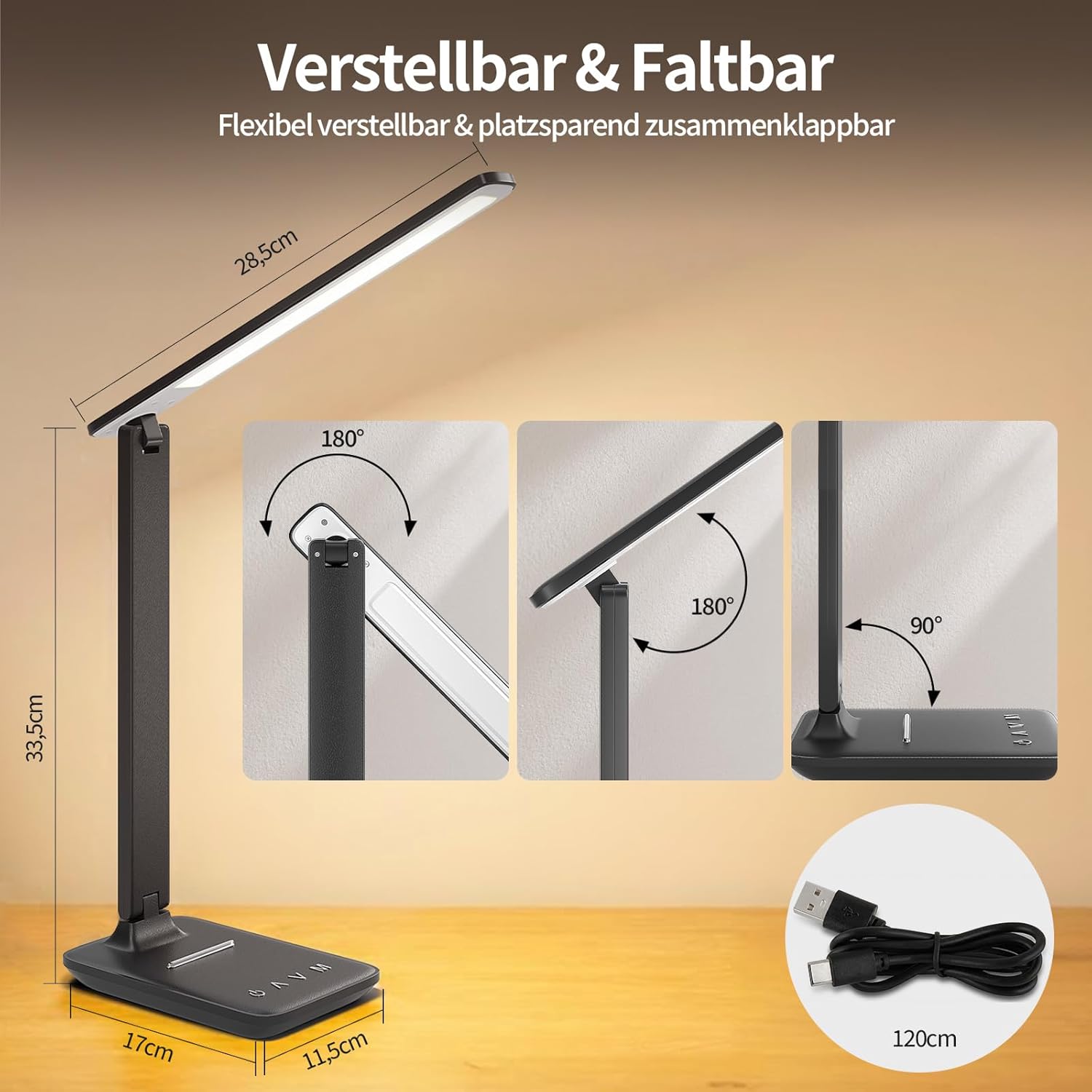 Schreibtischlampe LED dimmbar, Tischlampe mit Augenschutz & USB-Ladeanschluss, 5 Farbtemperaturen & 5 Helligkeitsstufen, Touch-Steuerung, faltbar, für Büro, Lesen und Home Office – Bild 4