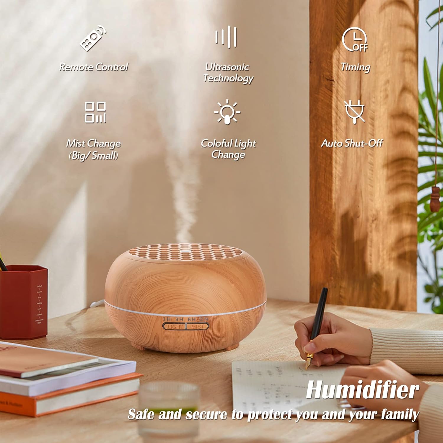 Simpeak Aroma Diffuser 550 ml, Ultraschall-Raumdiffusor Holz für ätherische Öle, Aromatherapie-Düfte, Luftbefeuchter mit Fernbedienung, Hellbraun – Bild 2