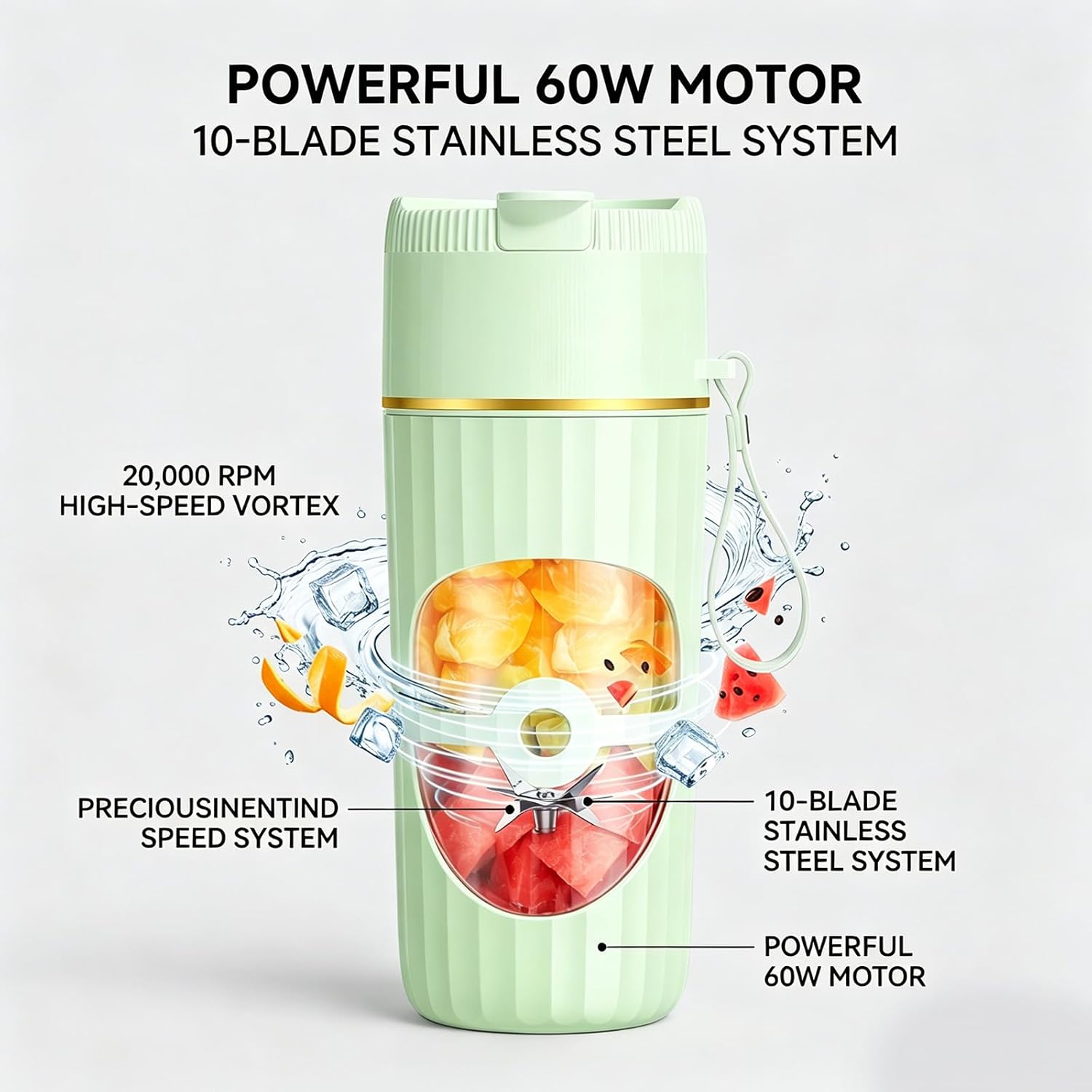Tragbarer Mixer, 400 ml kleiner Entsafter, 65 Watt, USB-Ladegerät Smoothie Maker, Fresh Juice Mixer mit 10 rostfreien Klingen, Mini-Standmixer für Shakes Saft Smoothies (Grün) – Bild 5
