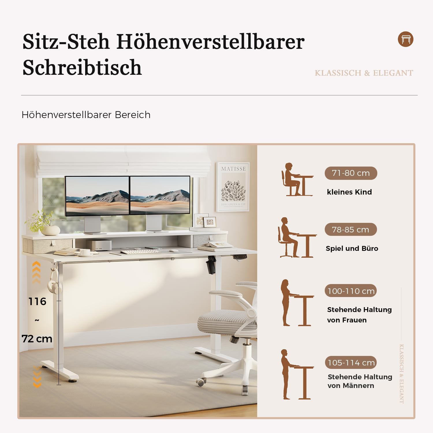 Klicelor Höhenverstellbarer Schreibtisch mit Doppelschubladen, elektrisch höhenverstellbarer Schreibtisch, Sitz-Steh-Computertisch, ergonomischer Stehschreibtisch, 100 x 60 cm, weiß – Bild 3