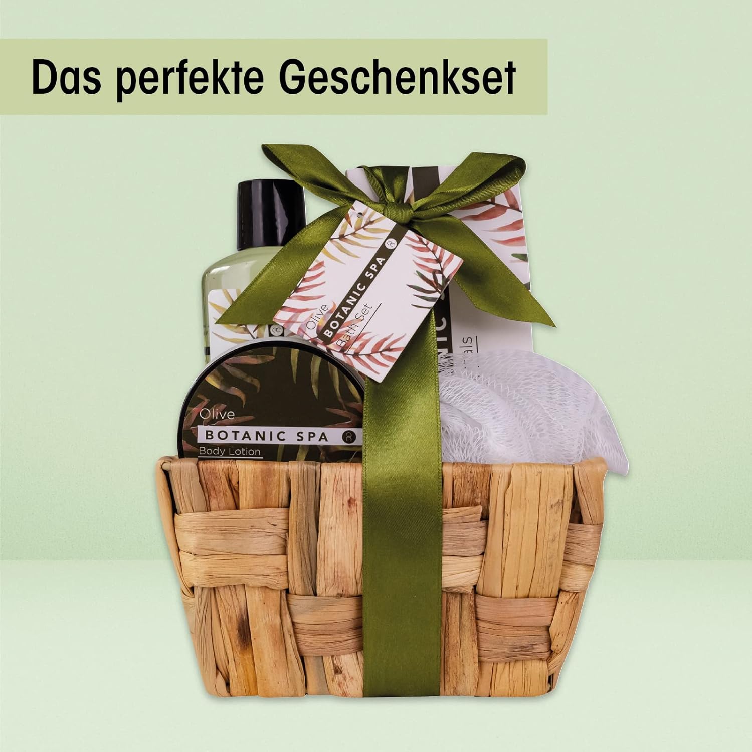 Accentra Olive Spa Badeset, Pflegeset für Damen mit 150 ml Duschgel, 60 ml Körperlotion, 150 g Badesalz und 10 g Netzschwamm im Seegraskorb, Wellness-Geschenkset für Geburtstag und Muttertag – Bild 2
