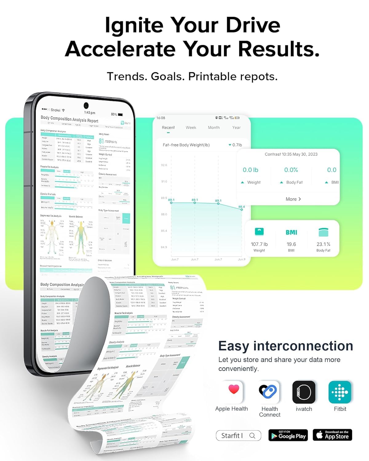 RunSTAR Körperfettwaage, Personenwaage digital mit 8 Elektroden für Körpergewicht und Körperfett, BMI, Muskelmasse und Analyse von 28 Körpermaßen App-Nutzung, 3-Metrik-Anzeige, 180kg – Bild 6
