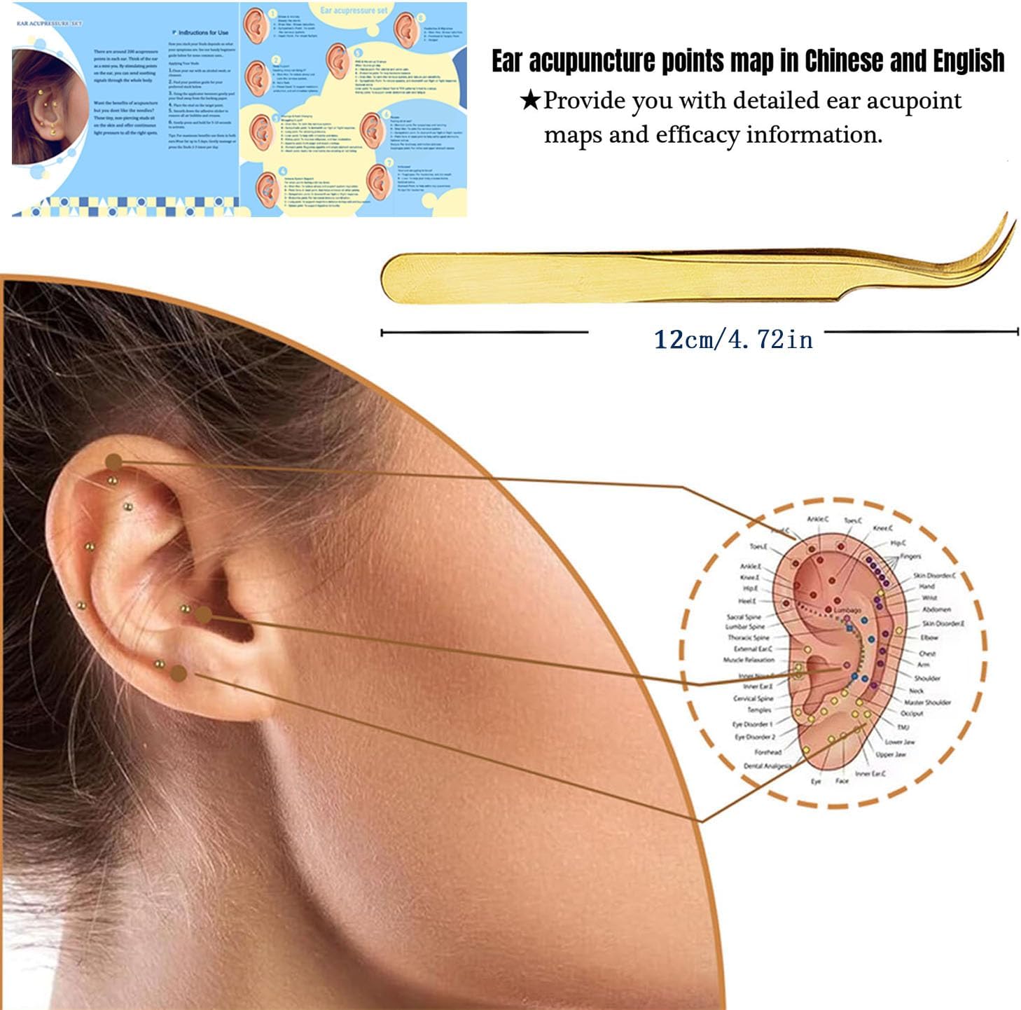 24K vergoldetes Ohrsamen-Set (200 Stück) – wasserdicht und atmungsaktiv – inklusive Ohrakupunkturkarte und Pinzette – ideal gegen Stress und Schmerzen – Bild 4