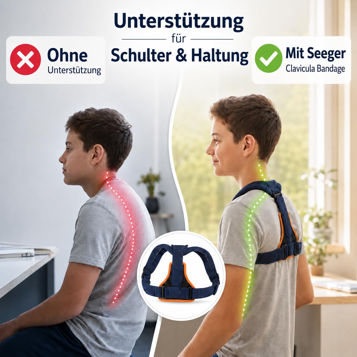 Seeger Rückenstrecker & Haltungskorrektor – Rückenstützgürtel für Kinder, Schultergurt Haltungskorrektor für geraden Rücken, Clavicula-Bandage, verstellbar, Made in Germany – Bild 3