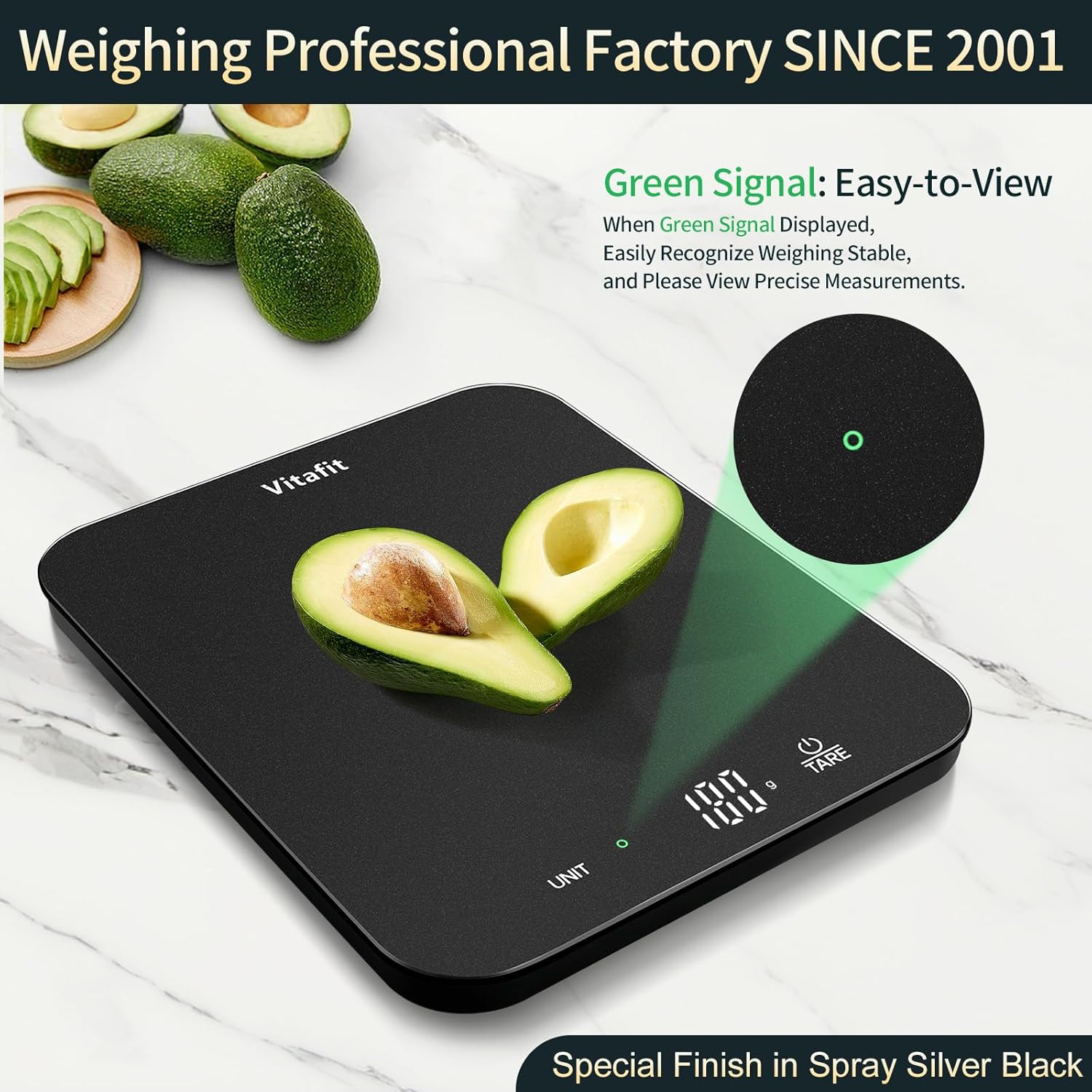 Vitafit 15 kg digitale Küchenwaage mit hoher Präzision 1 g, Waage professionelle Fabrik seit 2001, digitale Waage zum Kochen und Backen, Buchstabenwaage mit LED, 3 AAA-Batterien, Spray Silber Schwarz – Bild 2