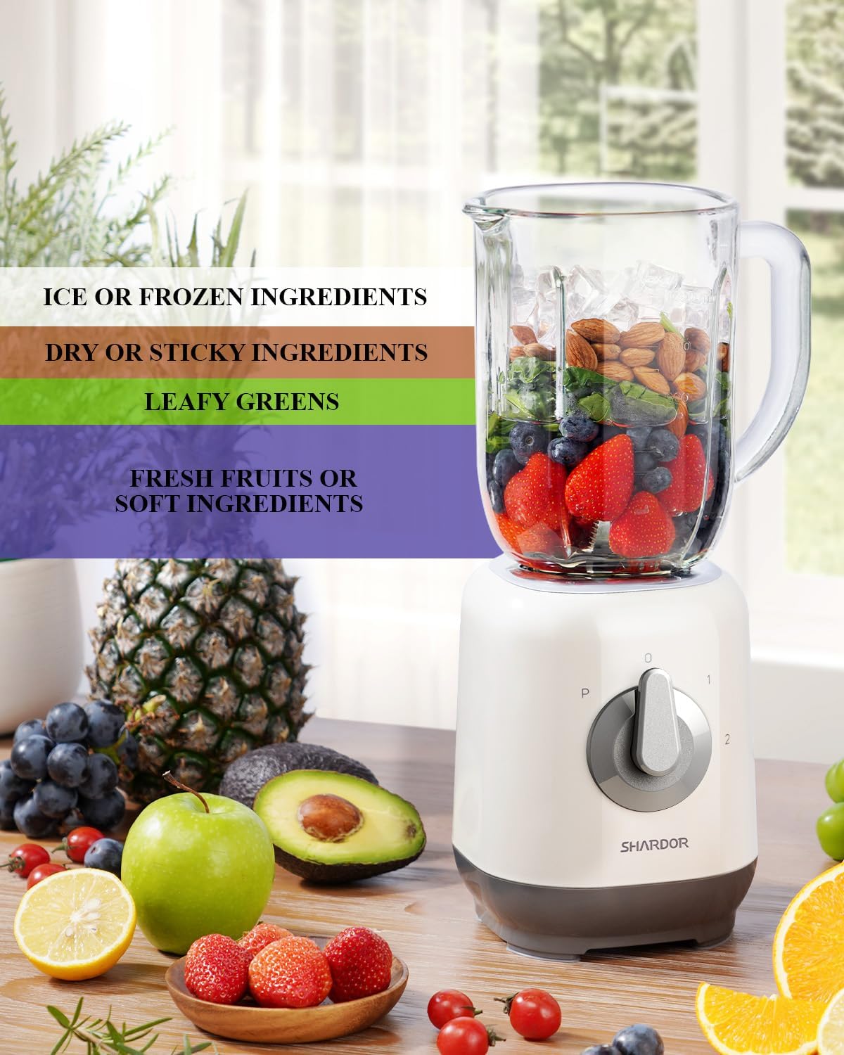 SHARDOR Standmixer, Smoothie Maker mit 6 Edelstahlklingen, 1,25 L Glasbehälter, 2 Geschwindigkeiten + Pulse, Mixer Hochleistungsmixer für Smoothies, Eis, Nüsse & Babynahrung, 700 W – Bild 3