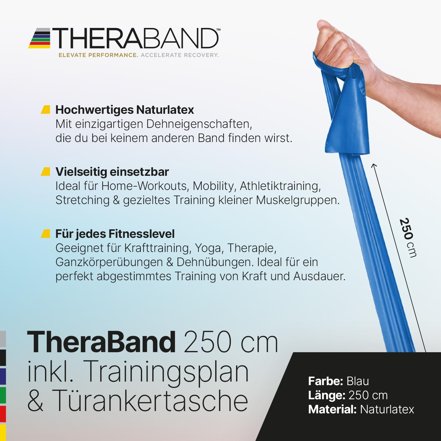 TheraBand 2,50m inkl. Türanker + Tasche | Widerstandsbänder | Terrabänder | Gymnastikband | Fitnessband | Stretchband | Heimtraining, Krafttraining, Rückenübungen, Therapie, Reha | 100 % Naturlatex – Bild 2