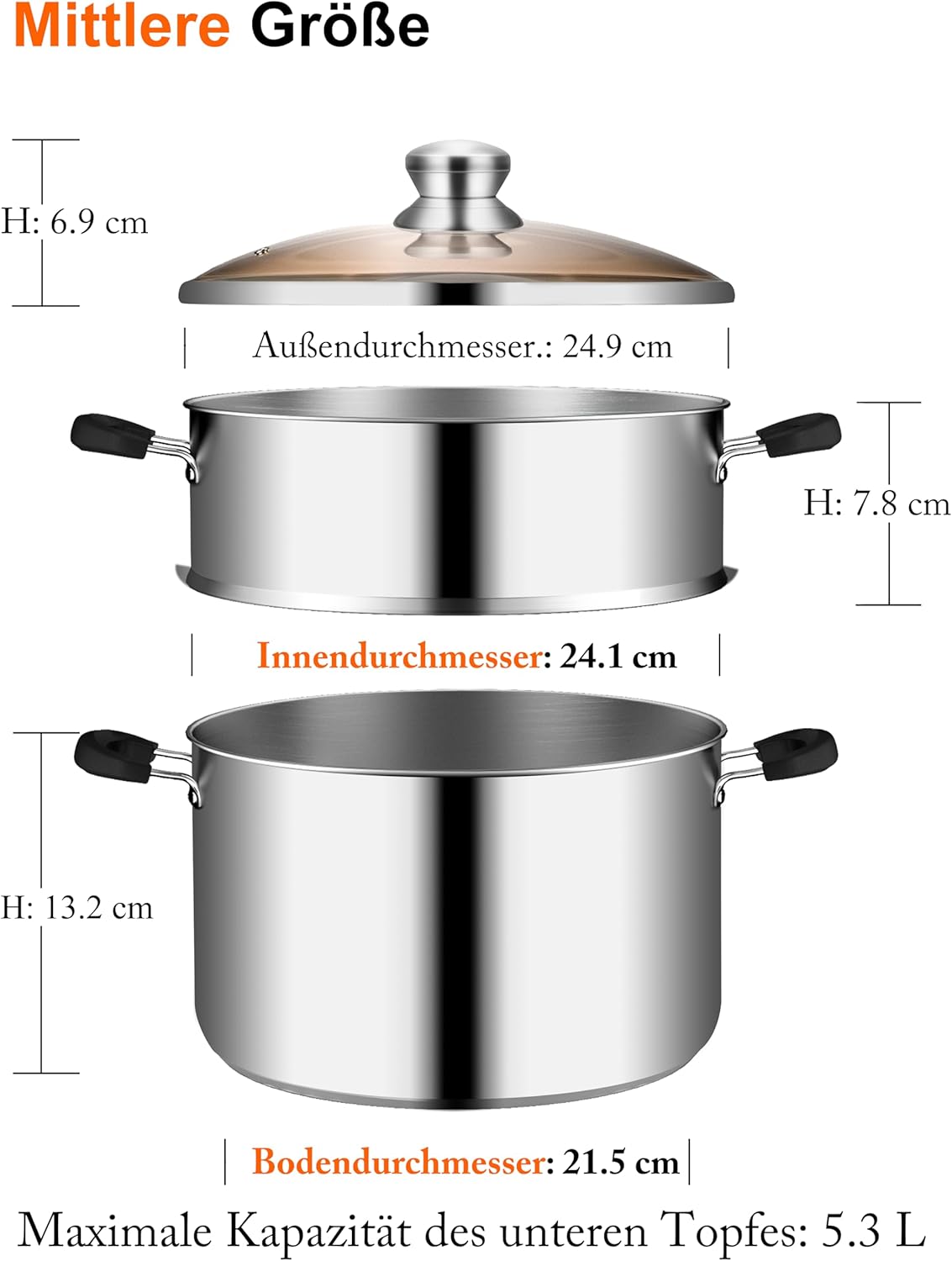 VENTION Dampfgarer 24 cm, Couscous-Topf Induktion 5,3 L, Kartoffeldämpfer Kleiner Dampfgarer aus Edelstahl – Bild 2