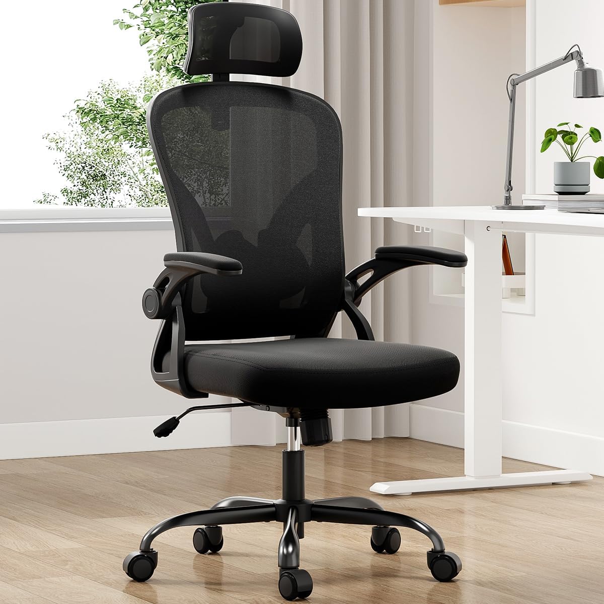 Farini Höhenverstellbarer ergonomischer Stuhl, Schreibtischstuhl, Bürostuhl, bequem mit Kopfstütze, Heimbürostuhl, Computerstühle, Chefsessel mit Armlehne, 150 kg, PC-Stuhl mit Rollen – Bild 2