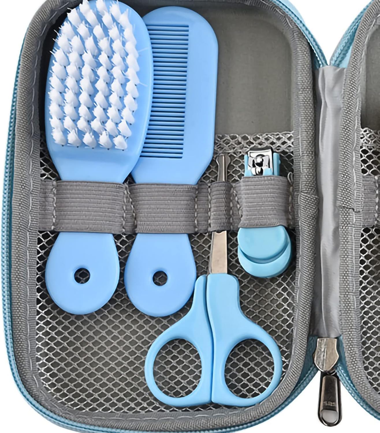 8-in-1 Baby-Pflegeset mit Haarbürste, Nagelknipser, Nasenreiniger, Fingerzahnbürste, Schere für Babypflege, gesund und sauber, Neugeborenenpflege, gesund und sauber, Gelb (Blau) – Bild 3