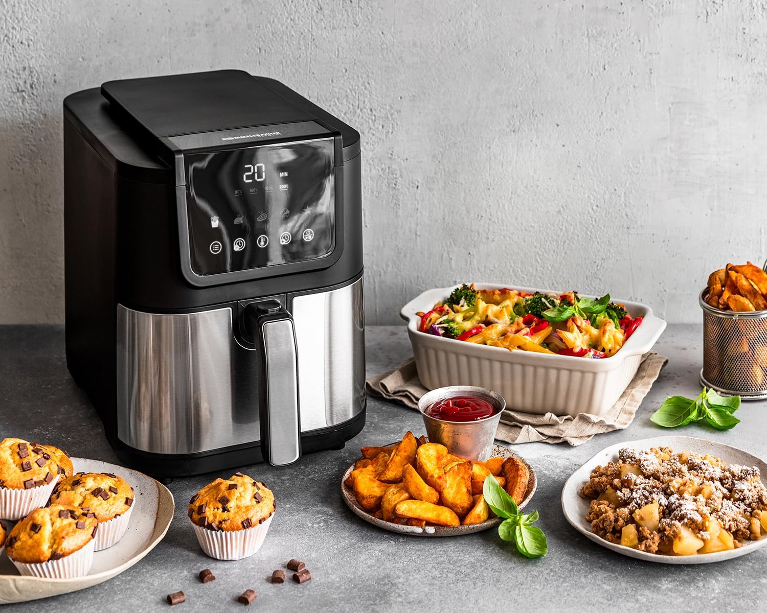 ROMMELSBACHER Heißluftfritteuse FRH 1500, XL-Backraum 5 Liter (ca. 18 x 26 cm) für 800 g Chips, sehr leiser Betrieb 45 dB (A), 5 Programme + 4 Temperaturstufen, platzsparendes rechteckiges Design – Bild 3