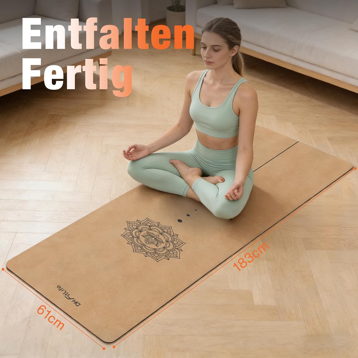 DH FitLife Kork-Yogamatte, rutschfest, aus Naturkautschuk | Gebrauchsfertig | Leicht zu reinigen | Hochwertige Sport-, Fitness- und Gymnastikmatte für Yoga, Pilates und Balance – Bild 6