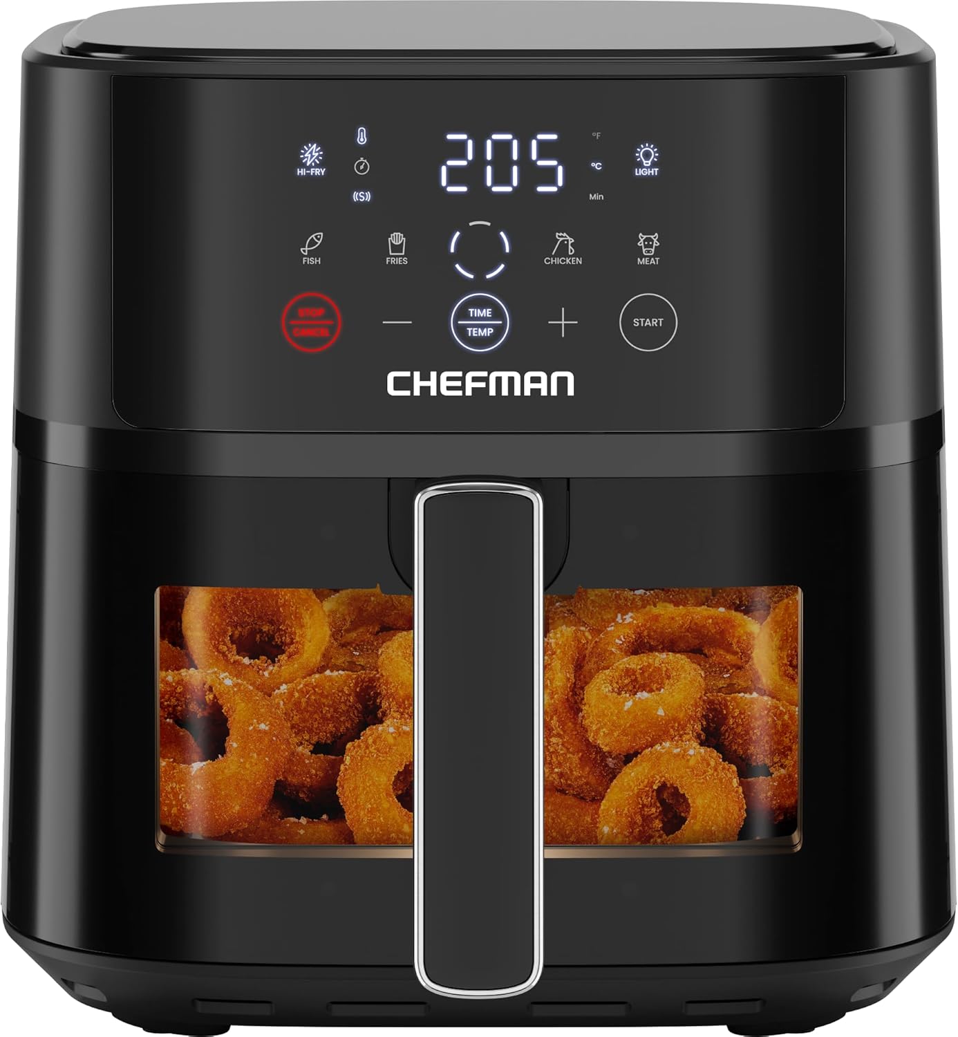 Chefman Heißluftfritteuse, 5,7 l kompakte Heißluftfritteuse, mit Hi-Fry-Technologie, Sichtfenster, Touch-Bedienung, Antihaftbeschichtung und spülmaschinenfest, Schwarz