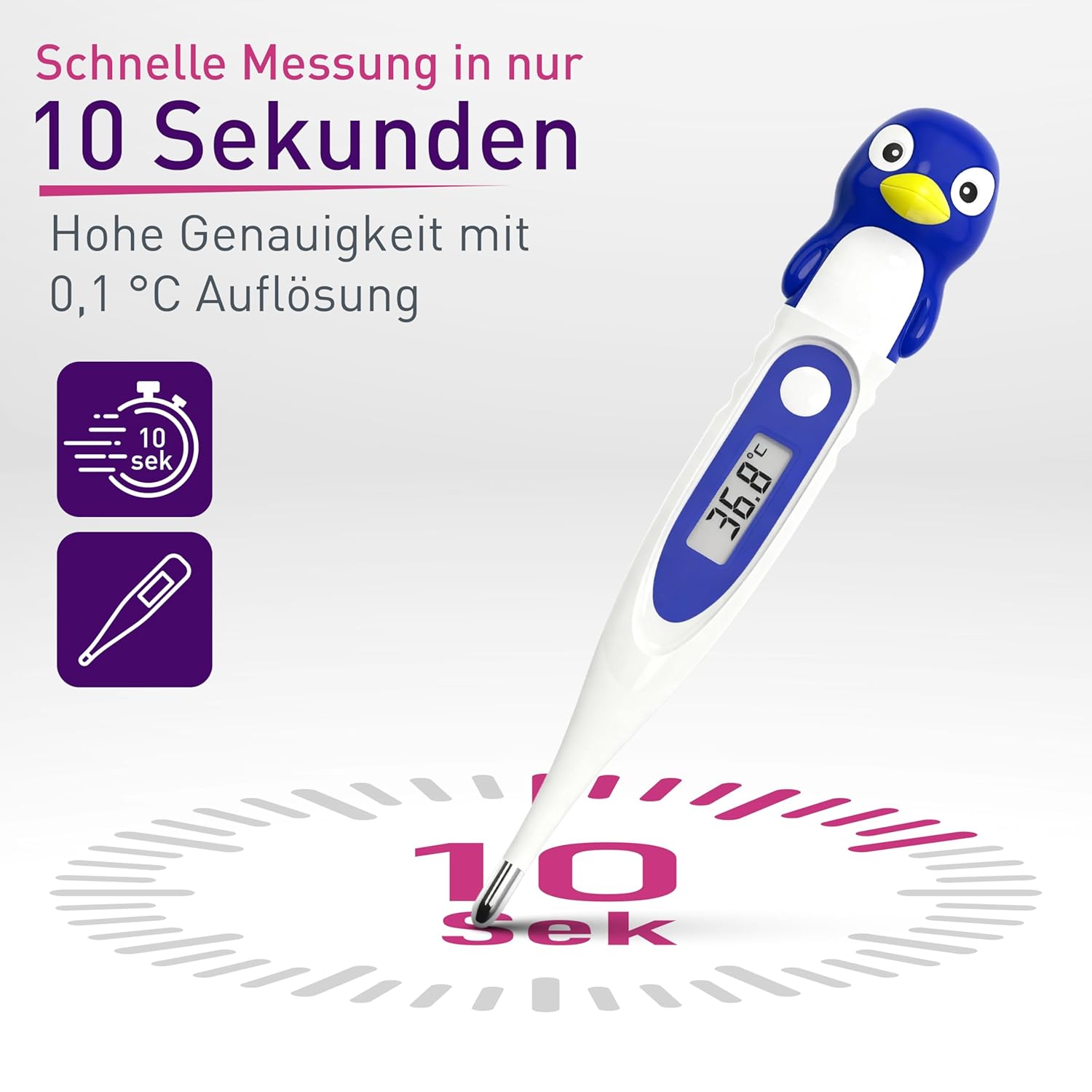 scala SC 44 flex Digitales Fieberthermometer für Babys und Kinder – 10 Sekunden Messzeit, flexible Spitze, Fieberalarm, wasserdicht – oral, rektal und axillär – Pinguin-Motiv – Bild 3
