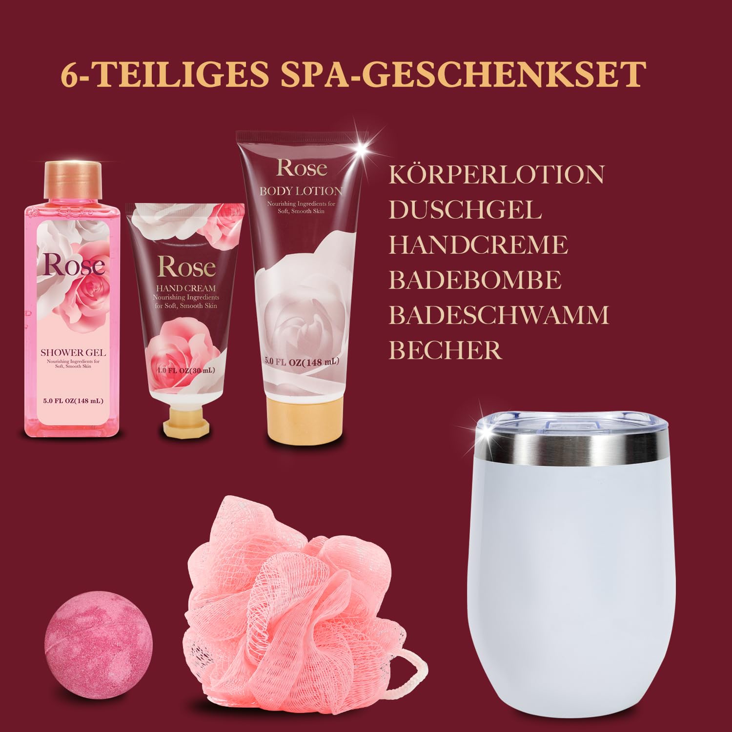 Spa Luxetique Spa-Geschenksets für Frauen, 6-teiliges Rosen-Badeset mit Becher, Geburtstagsbox, Geschenke für Sie – Bild 2