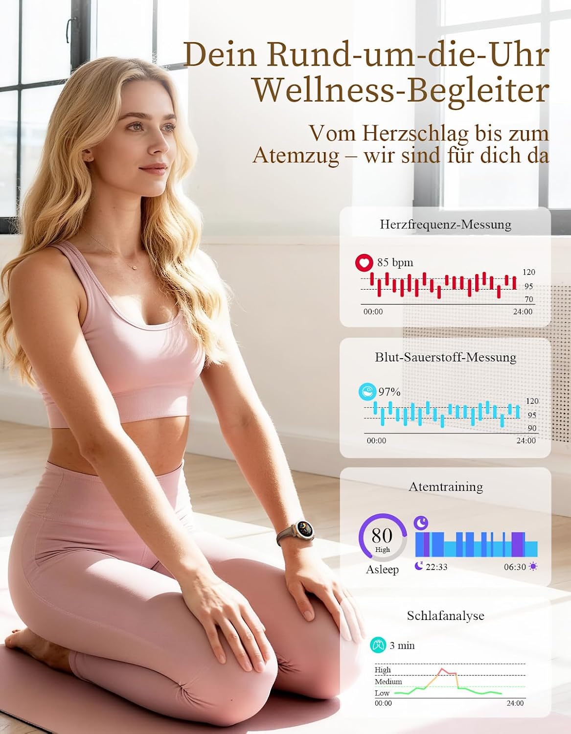 Damen-Smartwatch, Eleganz in Klein mit 1,19 Zoll AMOLED-Display und schmalem Lederarmband, Fitnessuhr mit Schrittzähler, Sportmodi, Puls-/SpO2-/Schlafmonitor für iOS/Android, Roségold/Braun – Bild 3