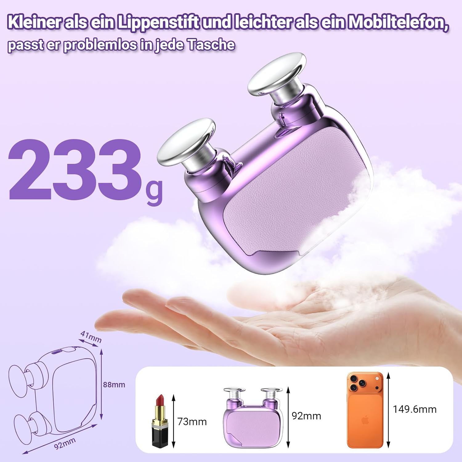 Massagepistole Mini Dual Head – Leises Nacken-Massagegerät mit 9 mm Tiefengewebe-Massage, 3 Silikonaufsätzen, tragbare Mini-Massagepistole mit 3 Intensitätsstufen (Lavendel Lila) – Bild 3