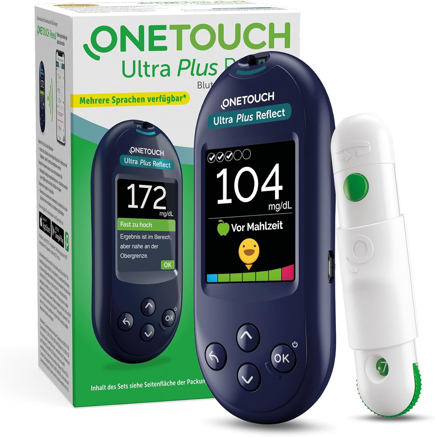 OneTouch Ultra Plus Reflect Blutzuckermessgerät (mg/dl) I 1 Messgerät, 10 Teststreifen, 10 Lanzetten, 1 Stechhilfe & 1 Etui | Stiftung Warentest Sehr gut (1,5)