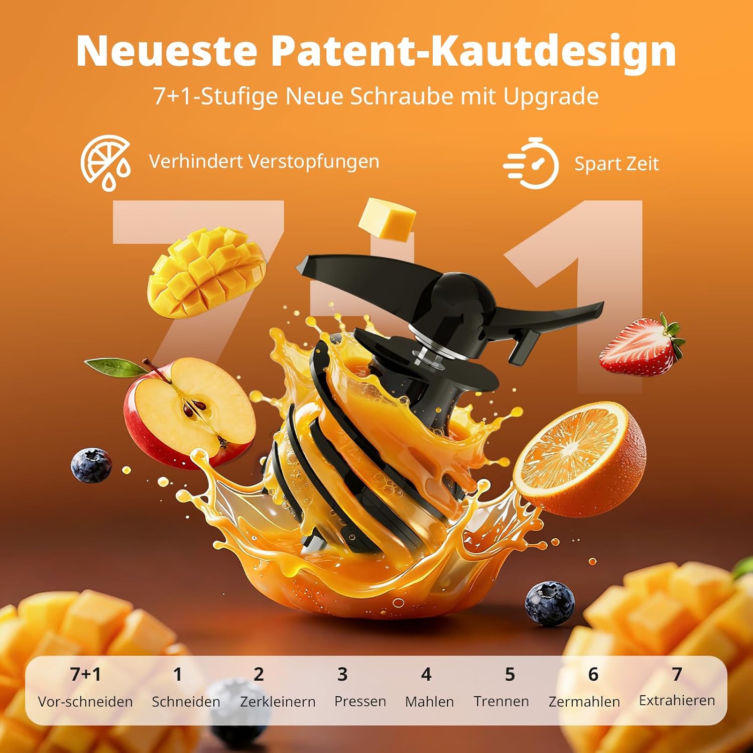 AIRMSEN Entsafter – Slow Juicer mit 147 mm extra großem Einfüllschacht, 2,1 l Fassungsvermögen, 300 W Motor, 7+1 Stufen, verbesserte langsame Spirale, hohe Saftausbeute für ganze Früchte und Gemüse, schwarz – Bild 4