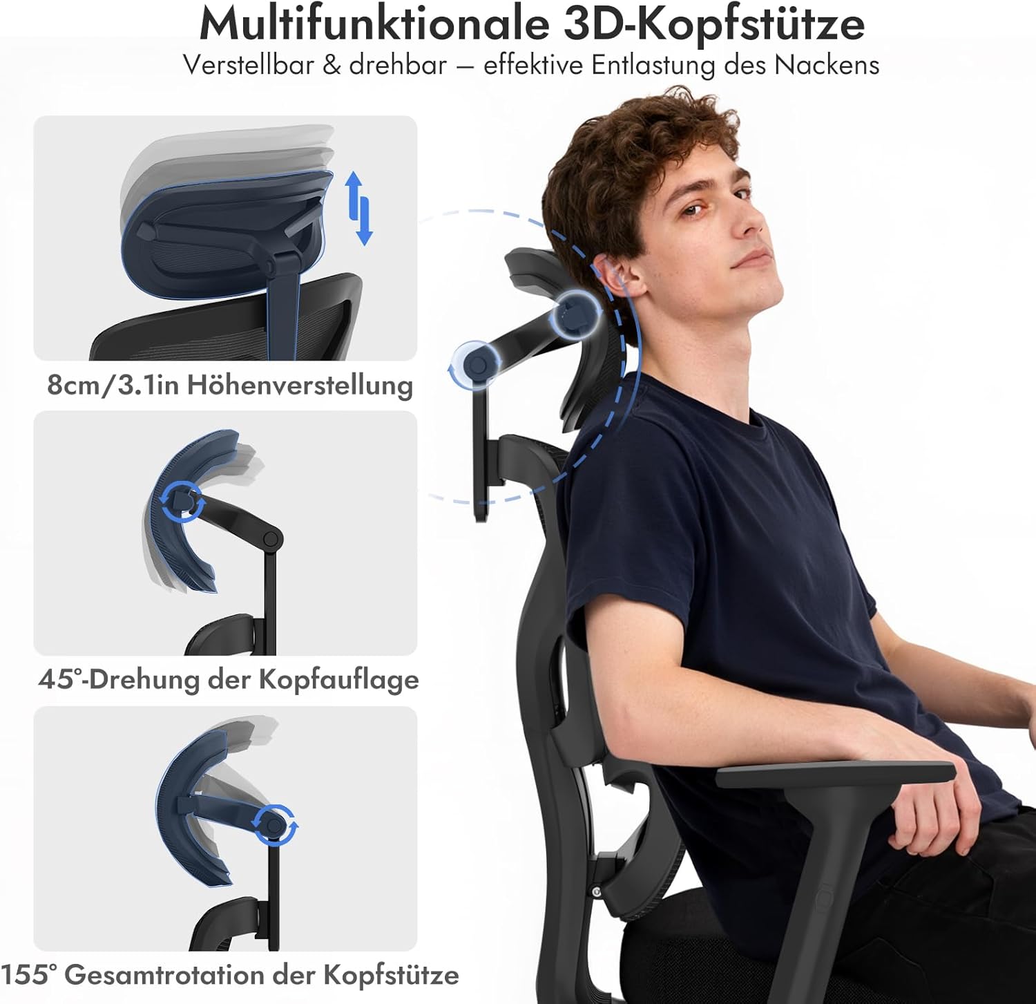 Bürostuhl, Schreibtischstuhl mit 3D-Armlehnen, ergonomischer Stuhl mit verstellbarer Netz-Kopfstütze, adaptive Lordosenstütze, Netzstuhl für Heimbüro-Gaming, Schwarz – Bild 4