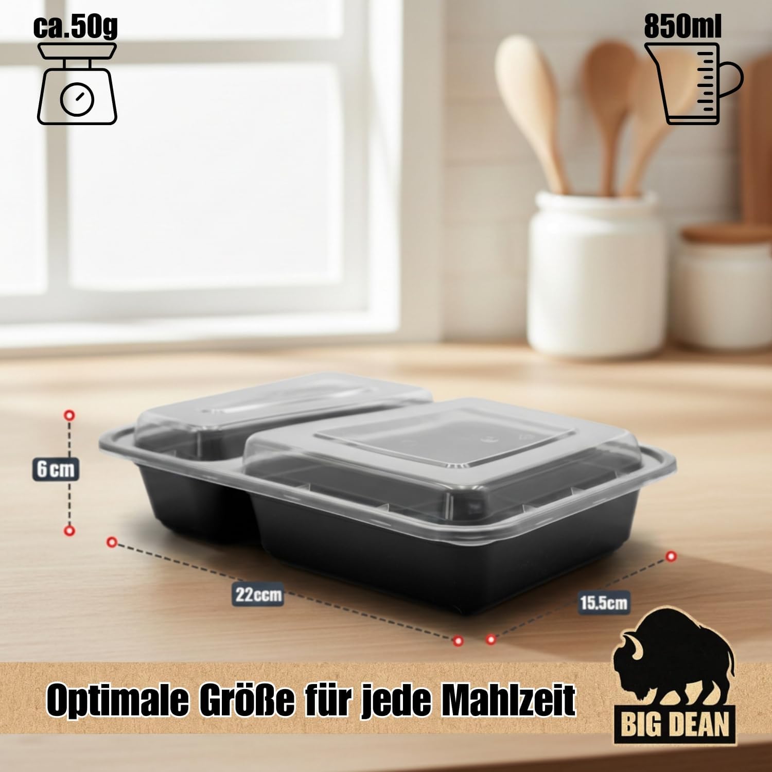 BigDean Packung mit 10 wiederverwendbaren Meal-Prep-Boxen mit Deckel und 2 Fächern – robuste Meal-Prep-Boxen, stapelbare Meal-Prep-Dosen und Lebensmittelbox – mikrowellen-, gefrier- und spülmaschinenfest – Bild 3